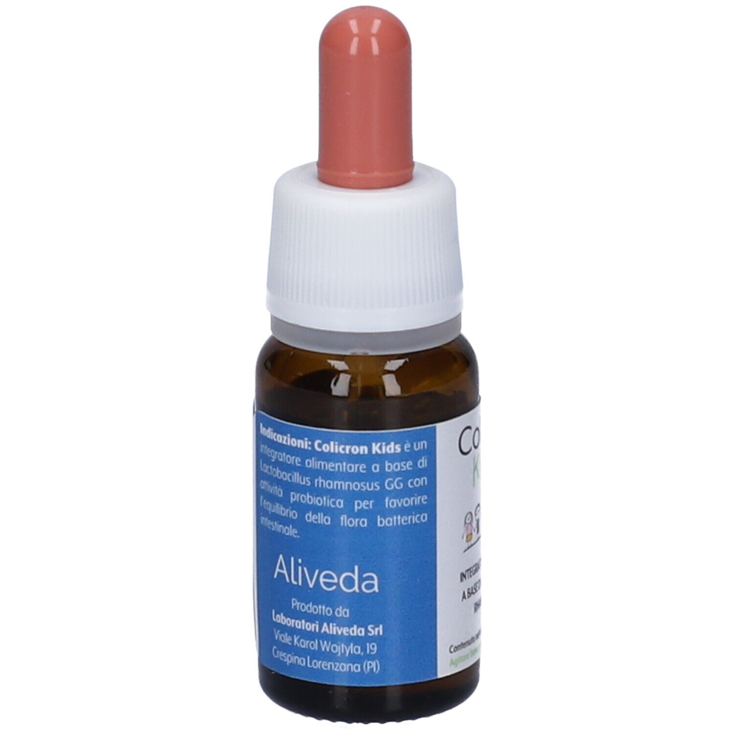 Flacone di vetro marrone con tappo bianco e contagocce rosa. Etichetta con testo: Colicron Kids, Integratore Alimentare, Aliveda.