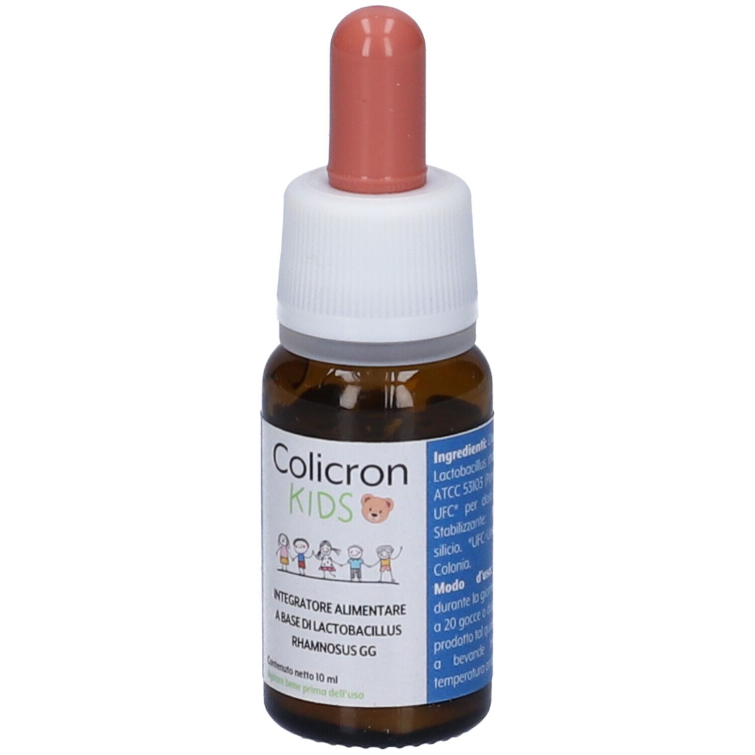 Flacone di vetro marrone con tappo bianco e contagocce rosa. Etichetta con testo: Colicron Kids, Integratore Alimentare, contenuto 10 ml.
