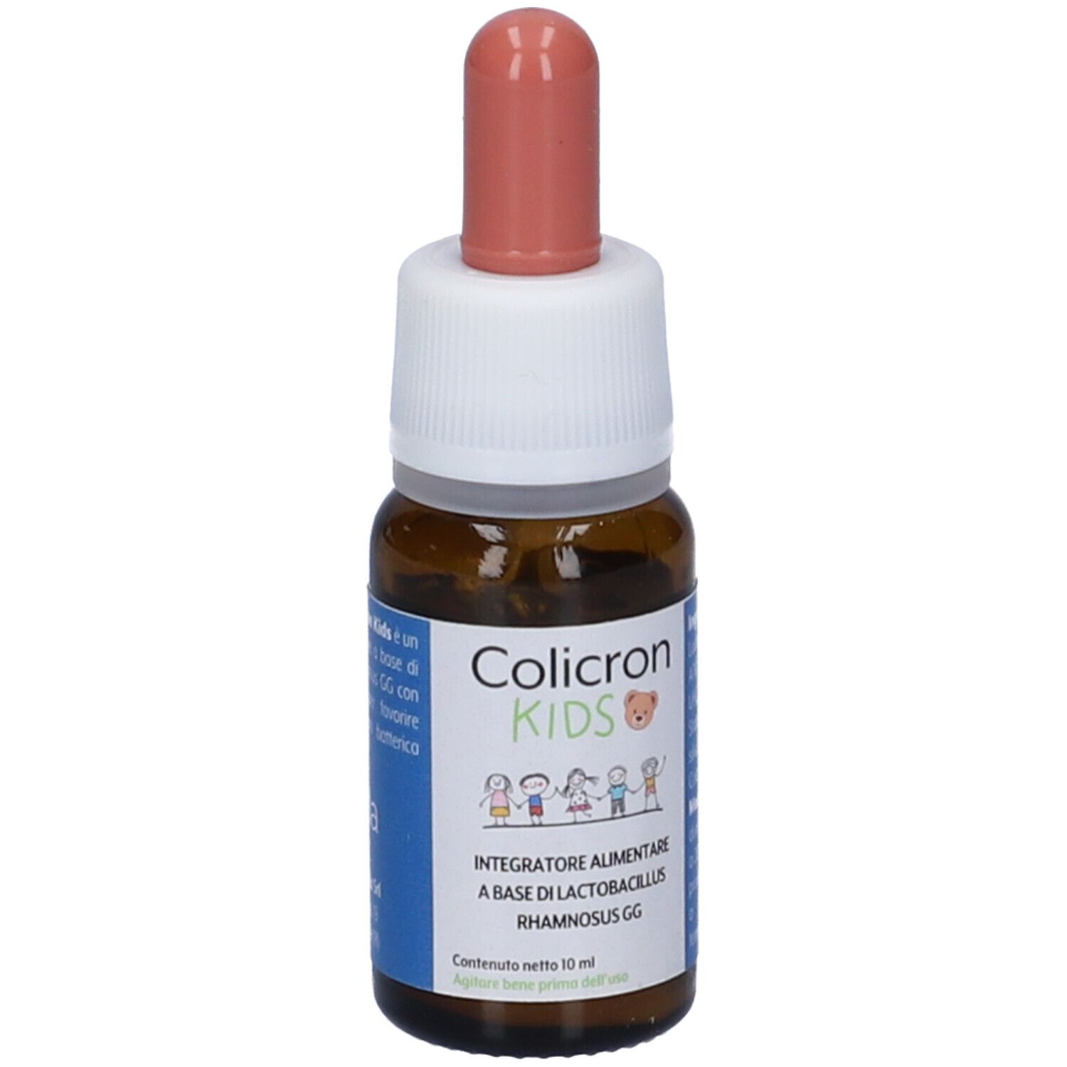 Flacone di vetro marrone con tappo bianco e contagocce rosa. Etichetta con testo: Colicron Kids, Integratore Alimentare, contenuto 10 ml.