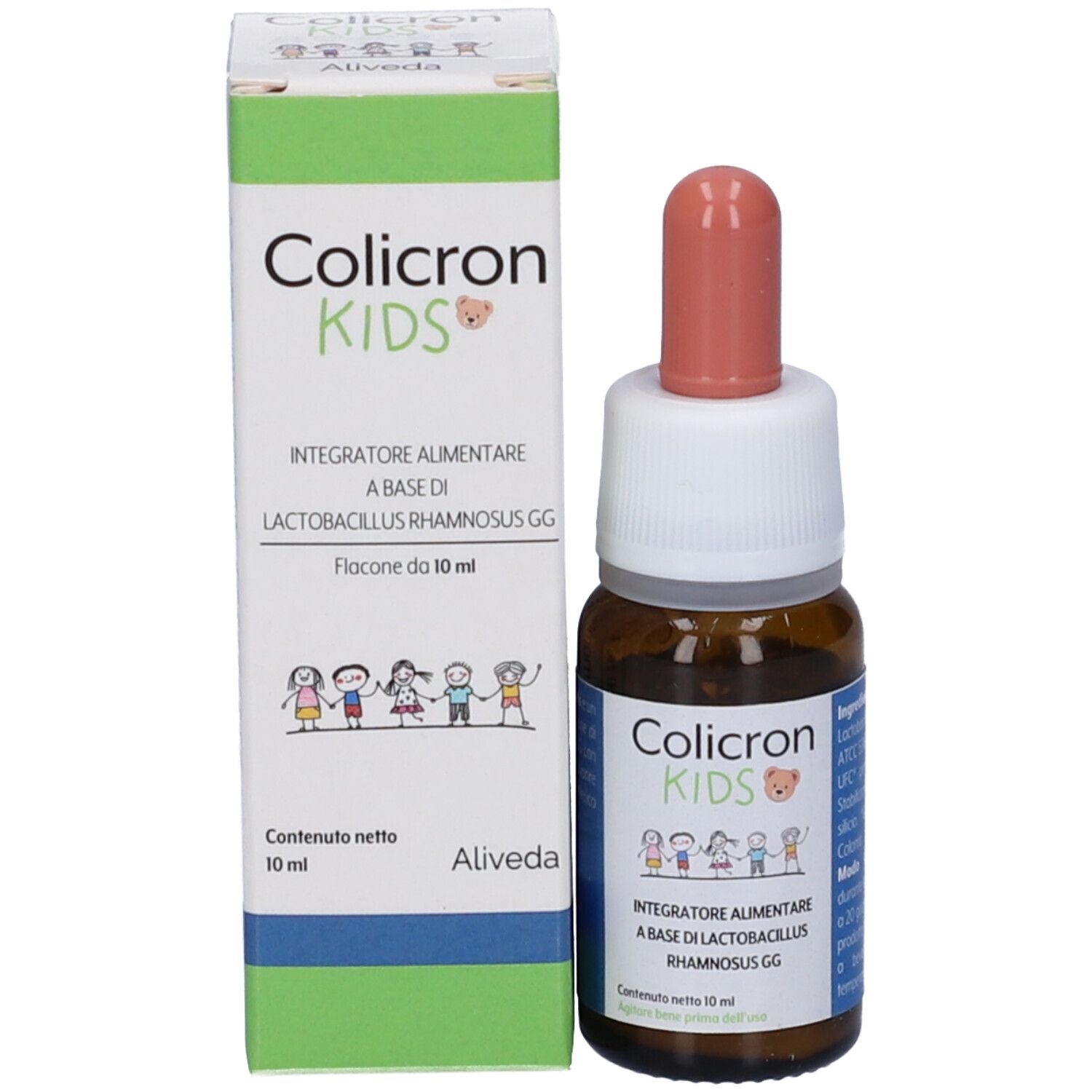 Flacone di vetro marrone con tappo bianco e contagocce rosa accanto a una scatola bianca. Sulla scatola: Colicron Kids, Integratore Alimentare.