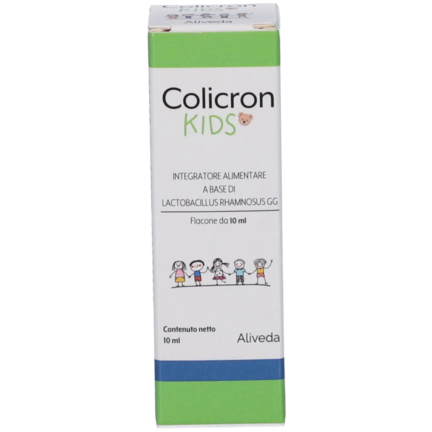 Scatola bianca con accenti verdi e blu. Testo: Colicron Kids, Integratore Alimentare, Flacone da 10 ml, Aliveda.