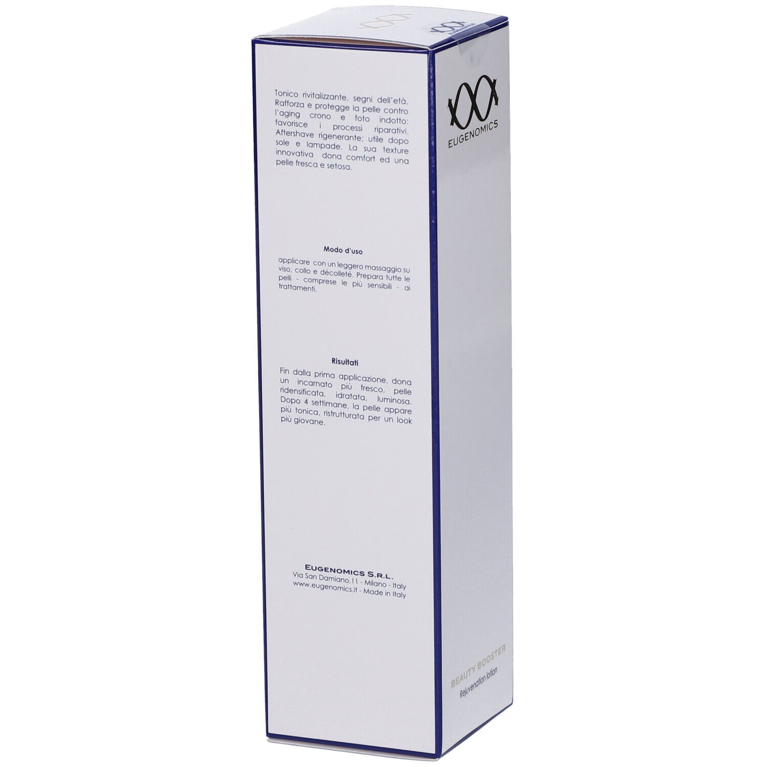 Confezione bianca allungata con bordo blu. Testo in italiano sul lato. Logo Eugenomics.