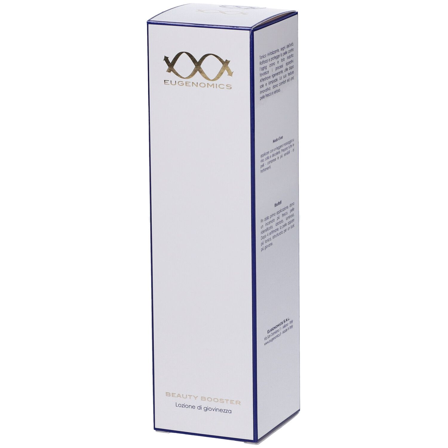 Confezione bianca allungata con bordo blu. Logo Eugenomics e scritta 'BEAUTY BOOSTER' in oro.
