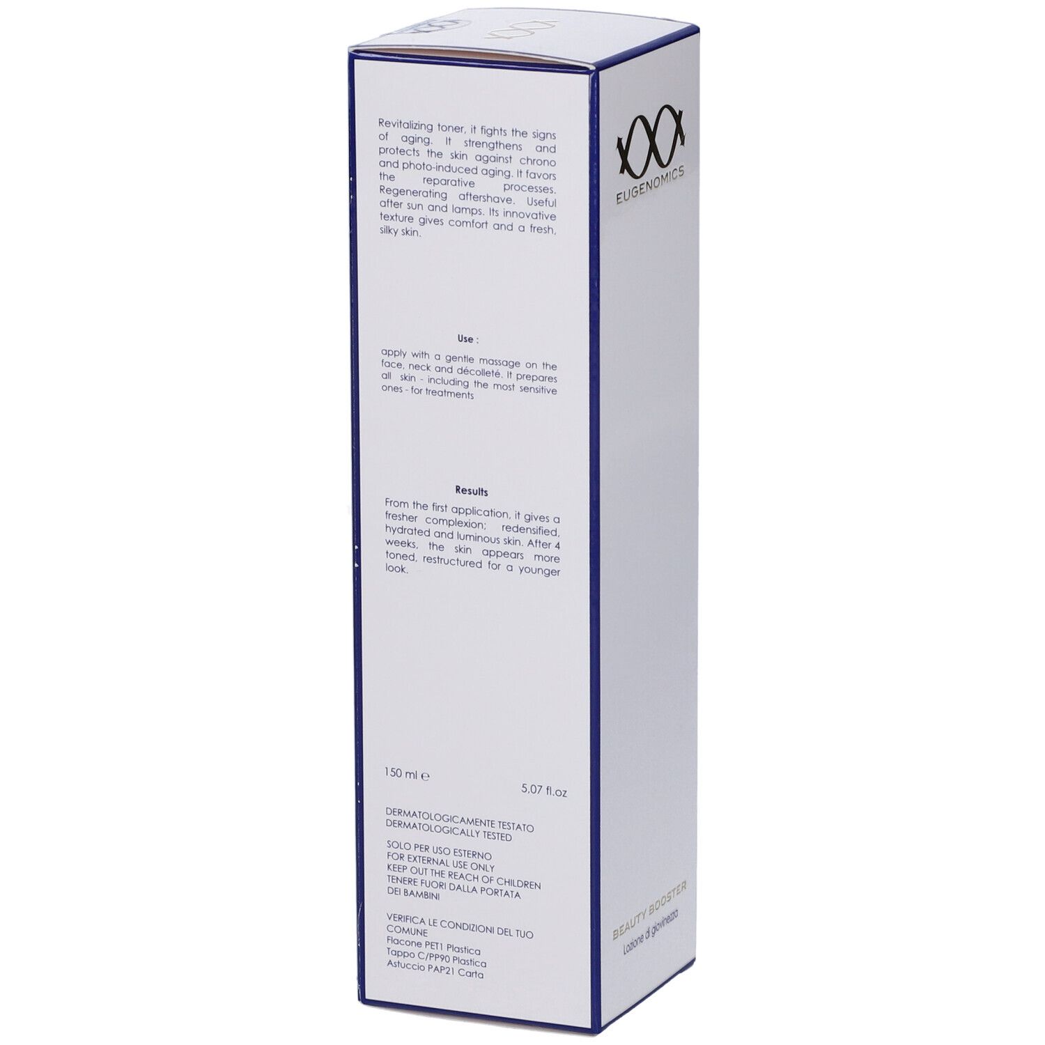 Confezione bianca allungata con bordo blu. Testo in inglese. Logo Eugenomics.