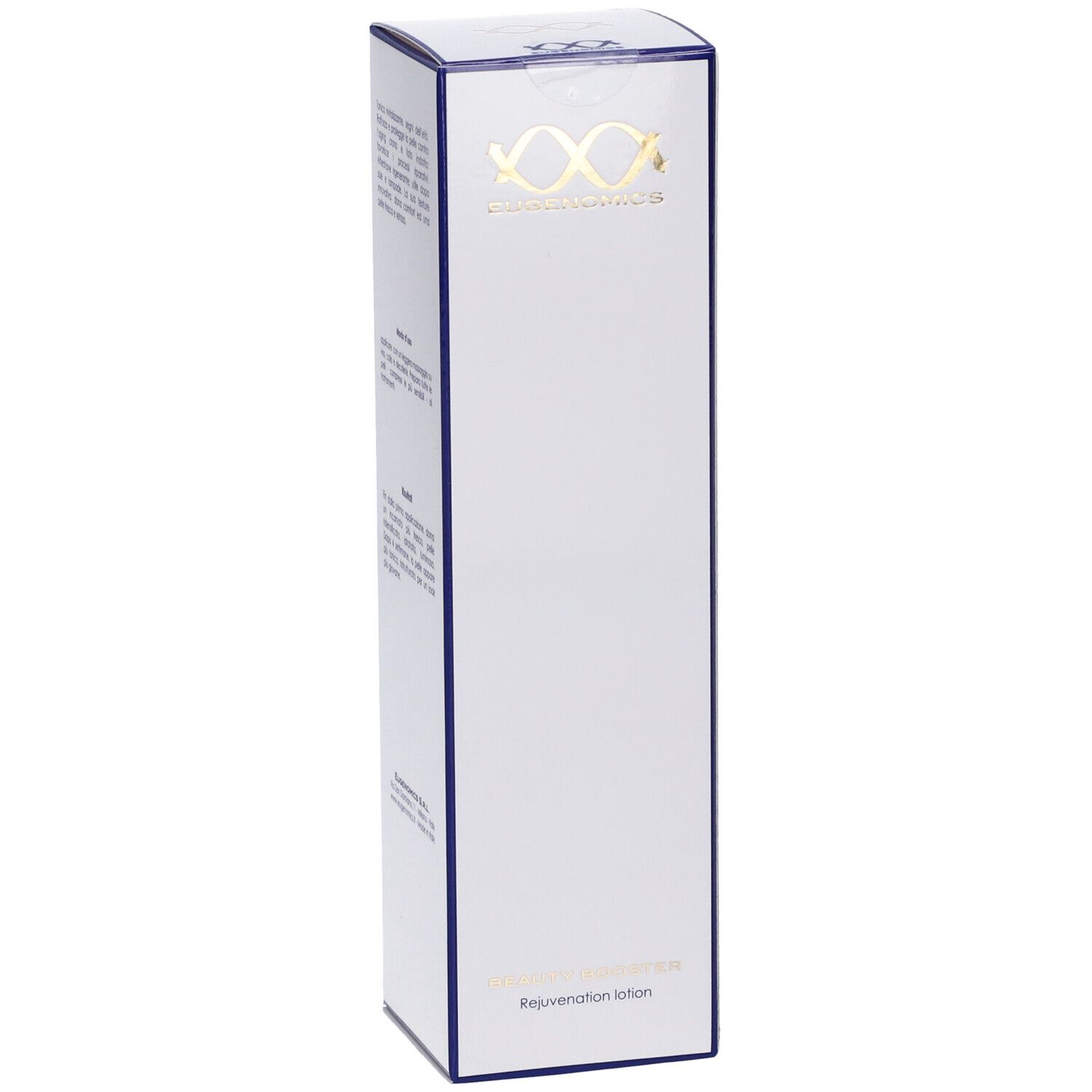 Confezione bianca allungata con bordo blu. Logo Eugenomics e scritta 'BEAUTY BOOSTER'.
