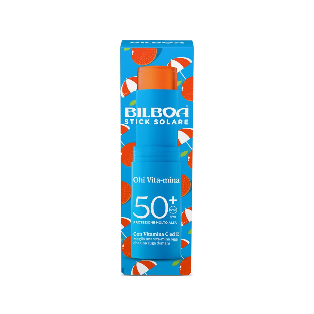 Confezione prodotto. Scatola blu con stick. BILBOA STICK SOLARE. Ohi Vita-mina 50+ con vitamina C.