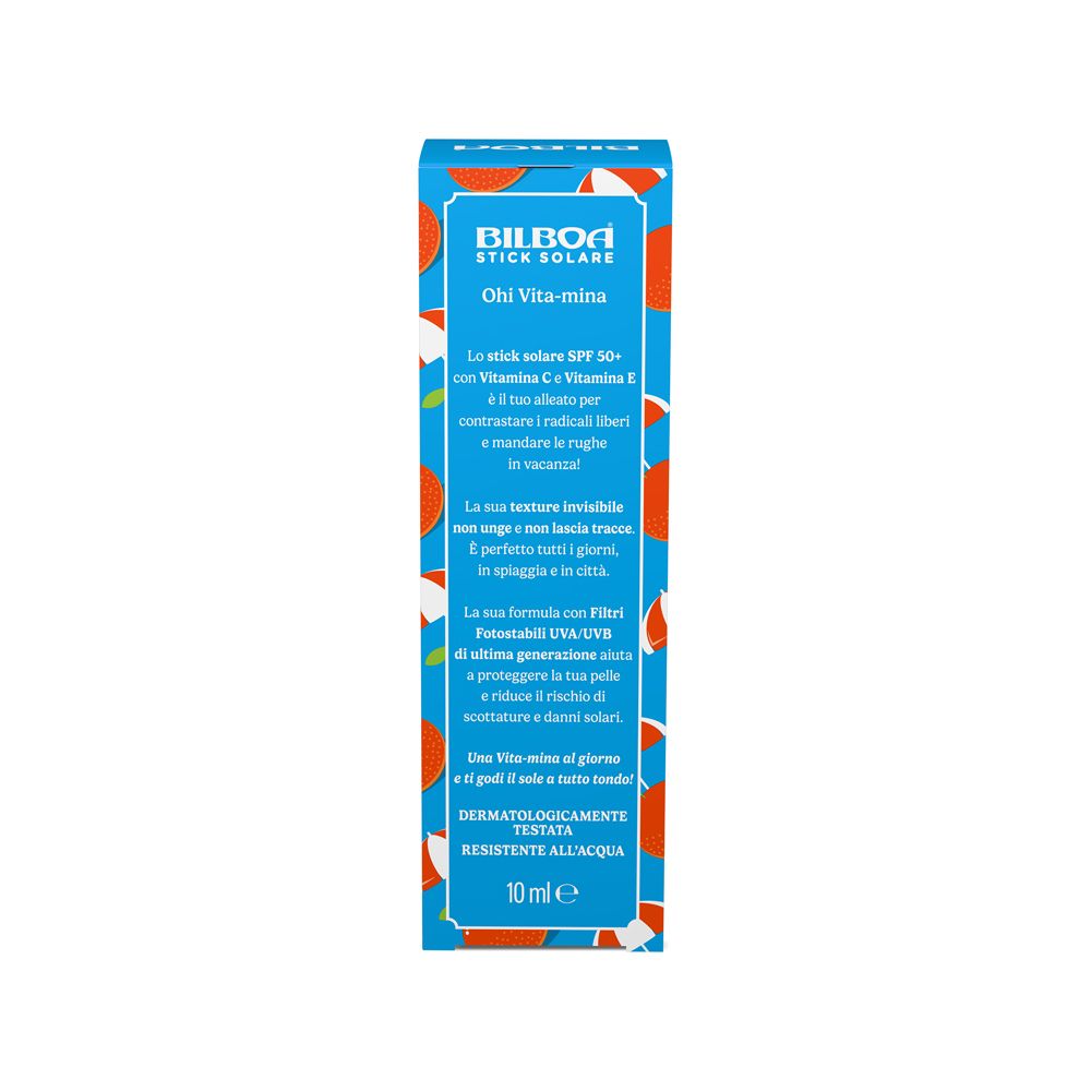 Confezione prodotto. Testo su scatola blu. BILBOA STICK SOLARE. Ohi Vita-mina 50+ con vitamina C.