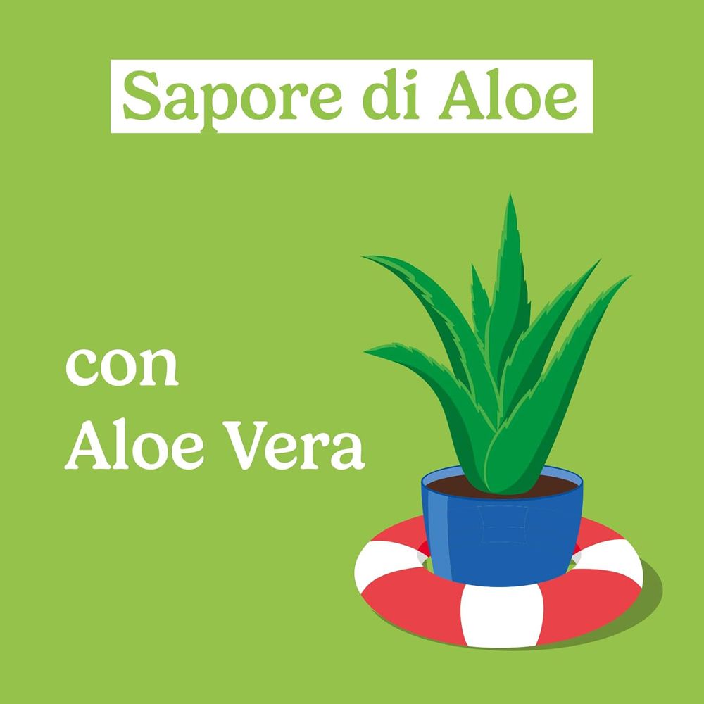 Pianta di Aloe Vera in vaso blu su salvagente. Testo: Sapore di Aloe, con Aloe Vera.