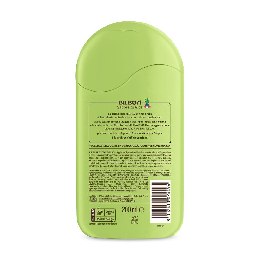Retro del flacone di crema solare verde. Testo: BILBOA, Sapore di Aloe, SPF 30 con Aloe Vera. Ingredienti, informazioni produttore, codice a barre e volume.