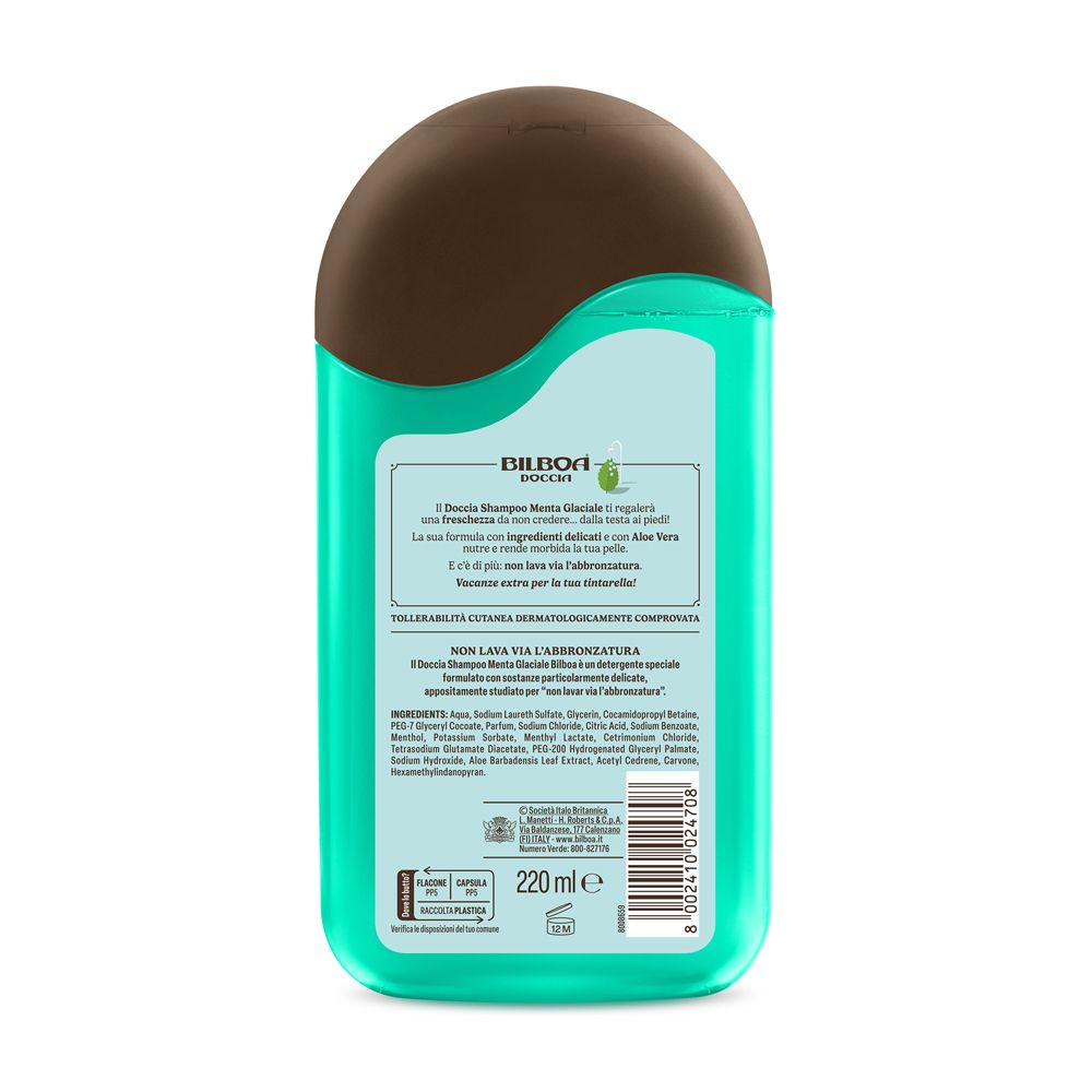 Retro del flacone turchese. Testo: Bilboa Doccia, ingredienti, 220 ml. Dermatologicamente testato.
