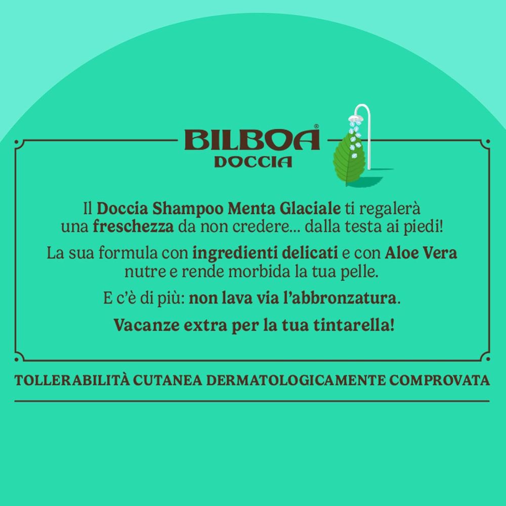 Testo su sfondo verde. Testo: Bilboa Doccia, Doccia Shampoo Menta Glaciale, dermatologicamente testato.