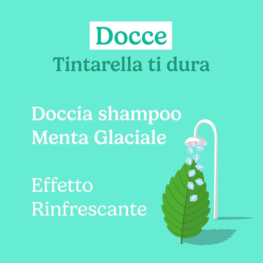Grafica con testo. Testo: Doccia, Tintarella ti dura, Doccia shampoo Menta Glaciale, Effetto Rinfrescante.