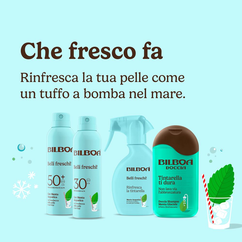 Immagine dei prodotti. Prodotti: Bilboa, Belli freschi, 50+, 30+, Tintarella ti dura, Menta Glaciale.