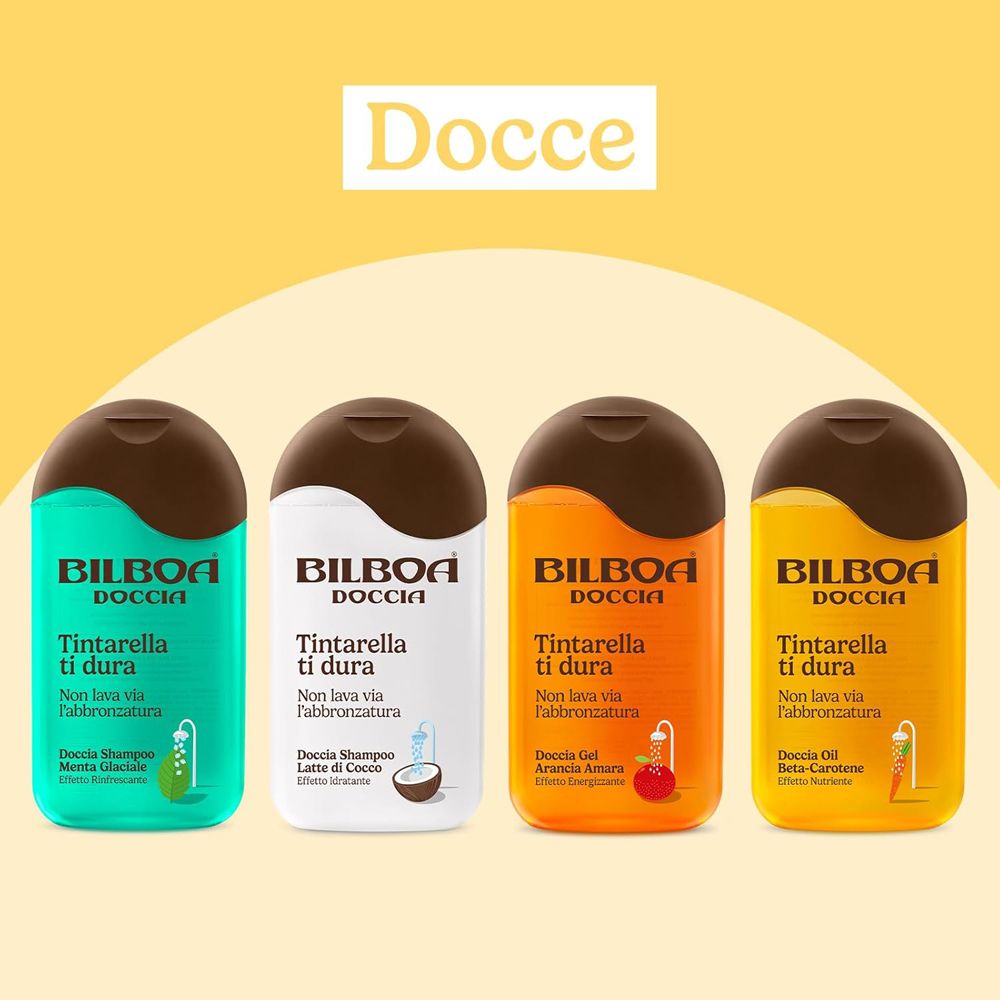 Quattro flaconi Bilboa Doccia. Prodotti: Tintarella ti dura, Menta Glaciale, Latte di Cocco, Ambra Energizzante, Olio Caroten.