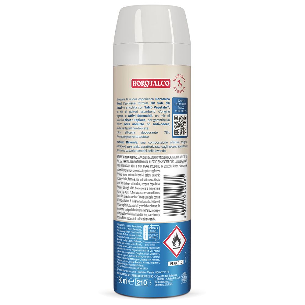 Retro della bomboletta spray deodorante. Informazioni testuali. Ingredienti, istruzioni e avvertenze. 150ml.