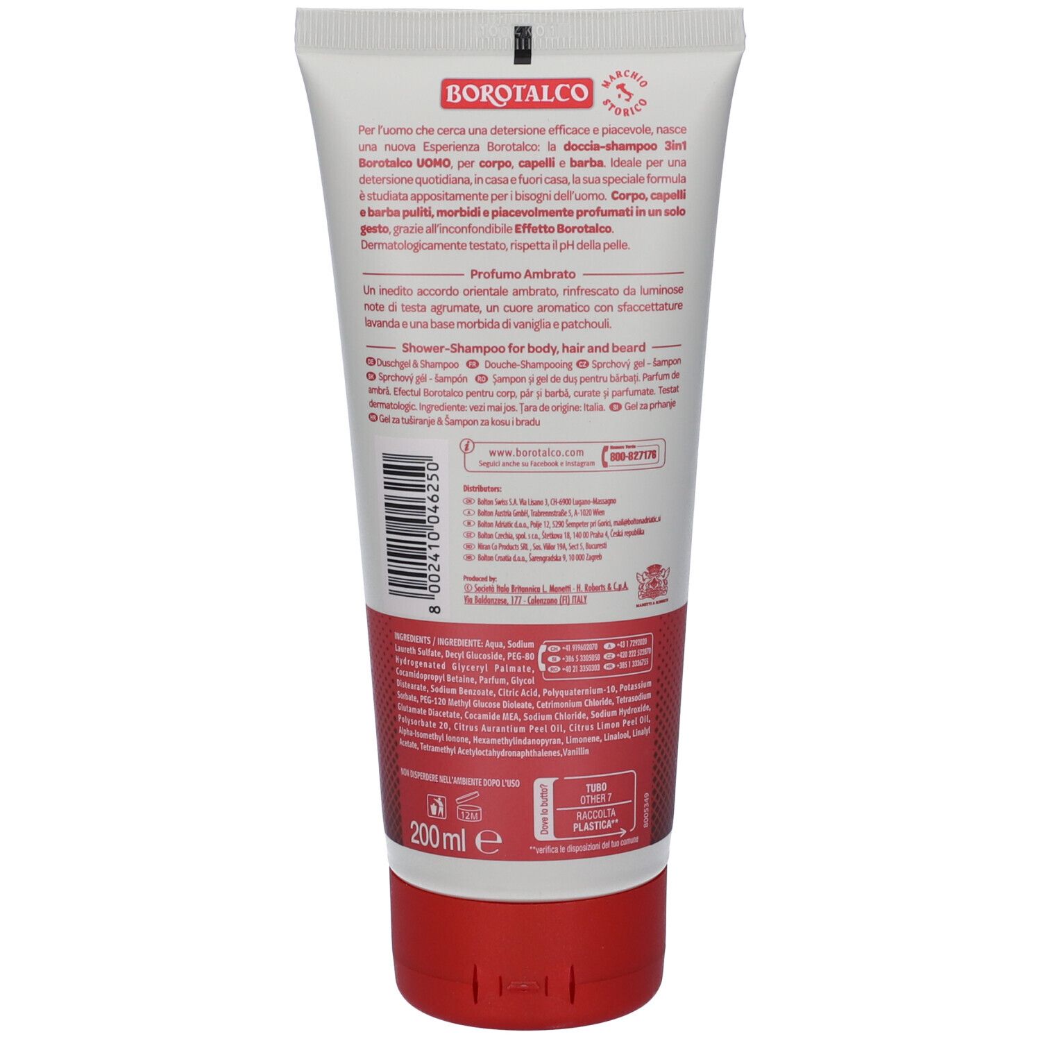 Borotalco Uomo Doccia-Shampoo 3 in 1 Profumo Ambrato