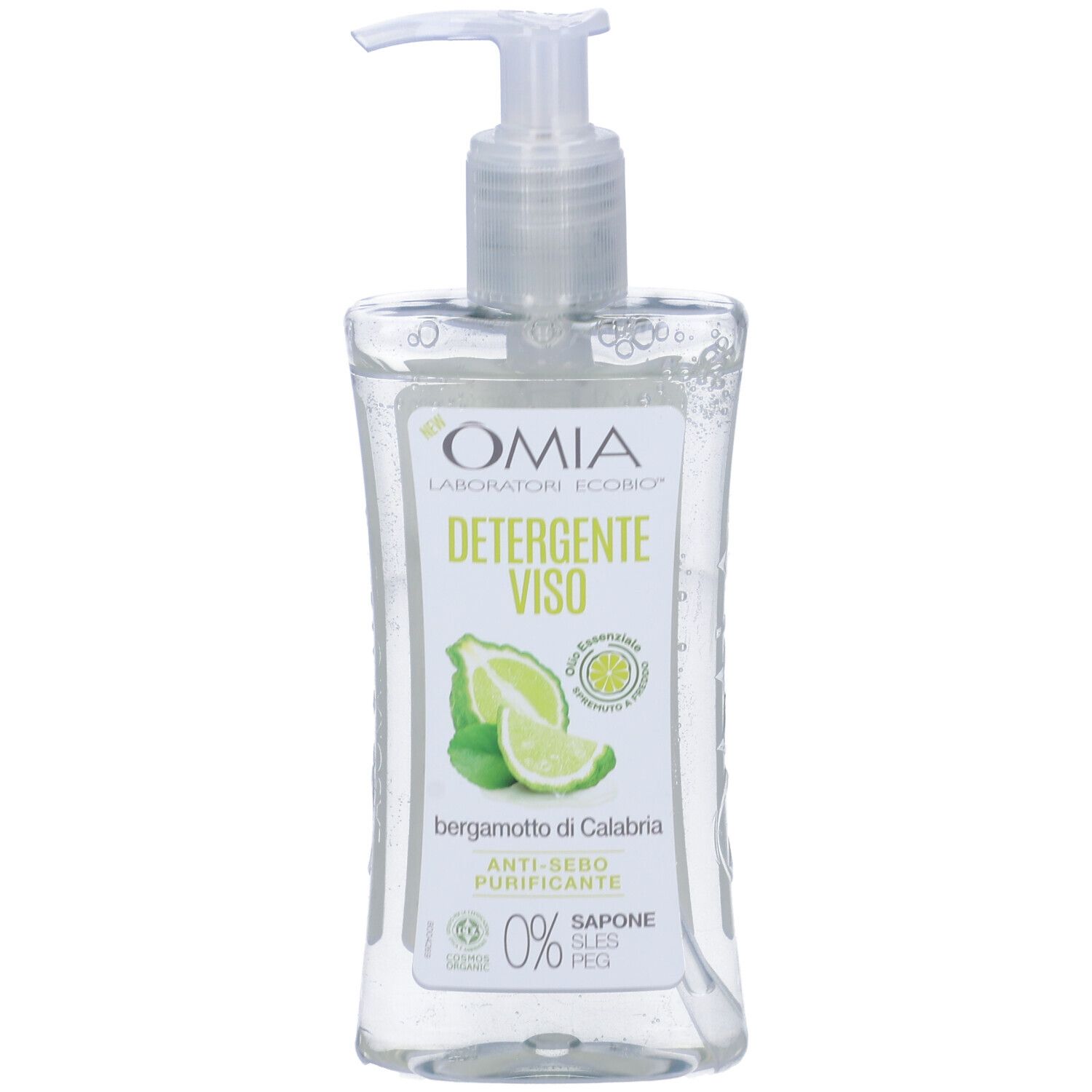 Detergente viso con estratto di bergamotto. Flacone trasparente con erogatore a pompa. Etichetta con nome e logo.