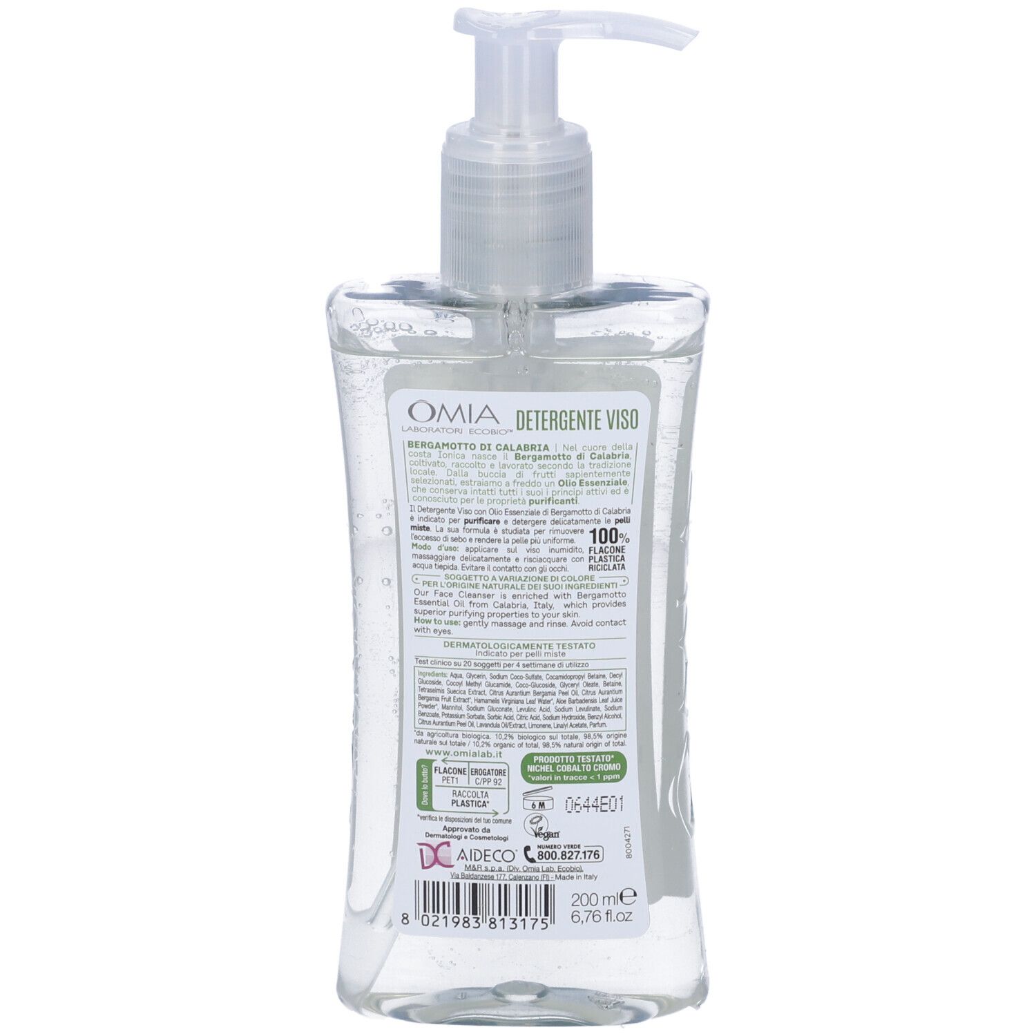 Retro della bottiglia di detergente viso. Informazioni testuali, ingredienti, informazioni produttore. 200ml.