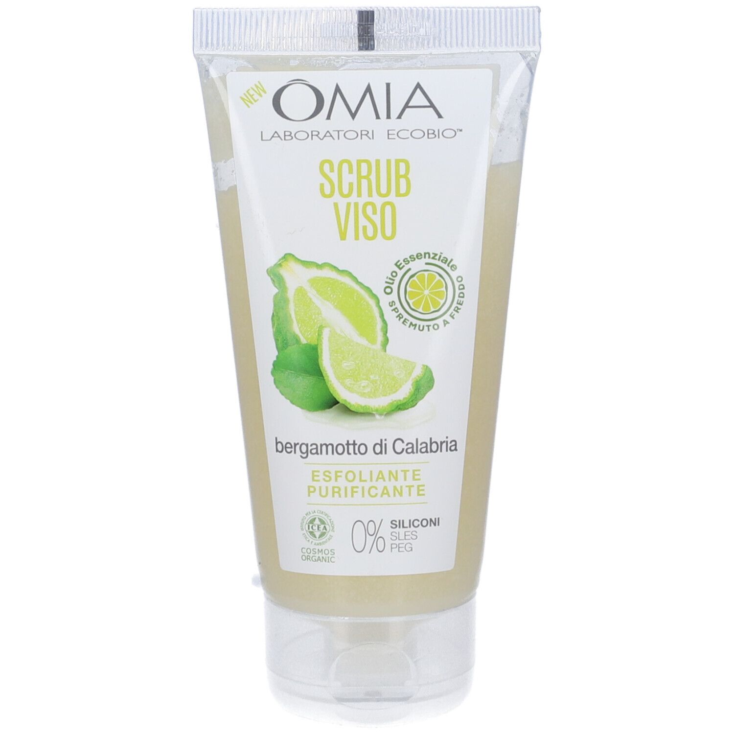 Tubo di crema con nome del prodotto e illustrazione di bergamotto. Marchio OMIA, scritta 'Scrub Viso'.