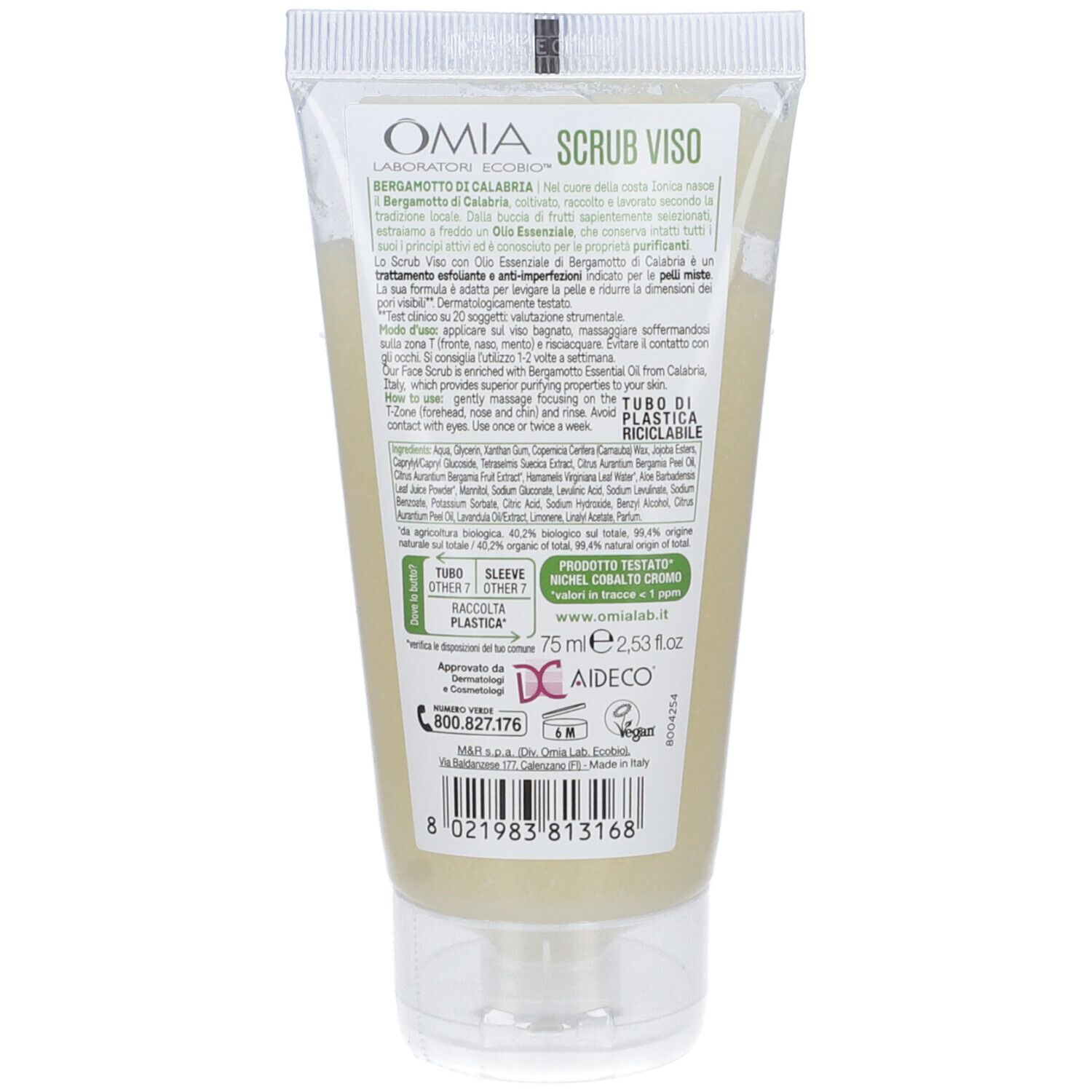 Retro del tubo di crema. Informazioni testuali, ingredienti, indirizzo del produttore, indicazioni di riciclo e codice a barre.