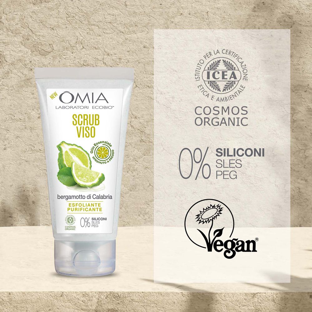 Tubo di crema con nome del prodotto e bergamotto. Marchio OMIA. Loghi: Cosmos Organic, 0% siliconi, Vegan.