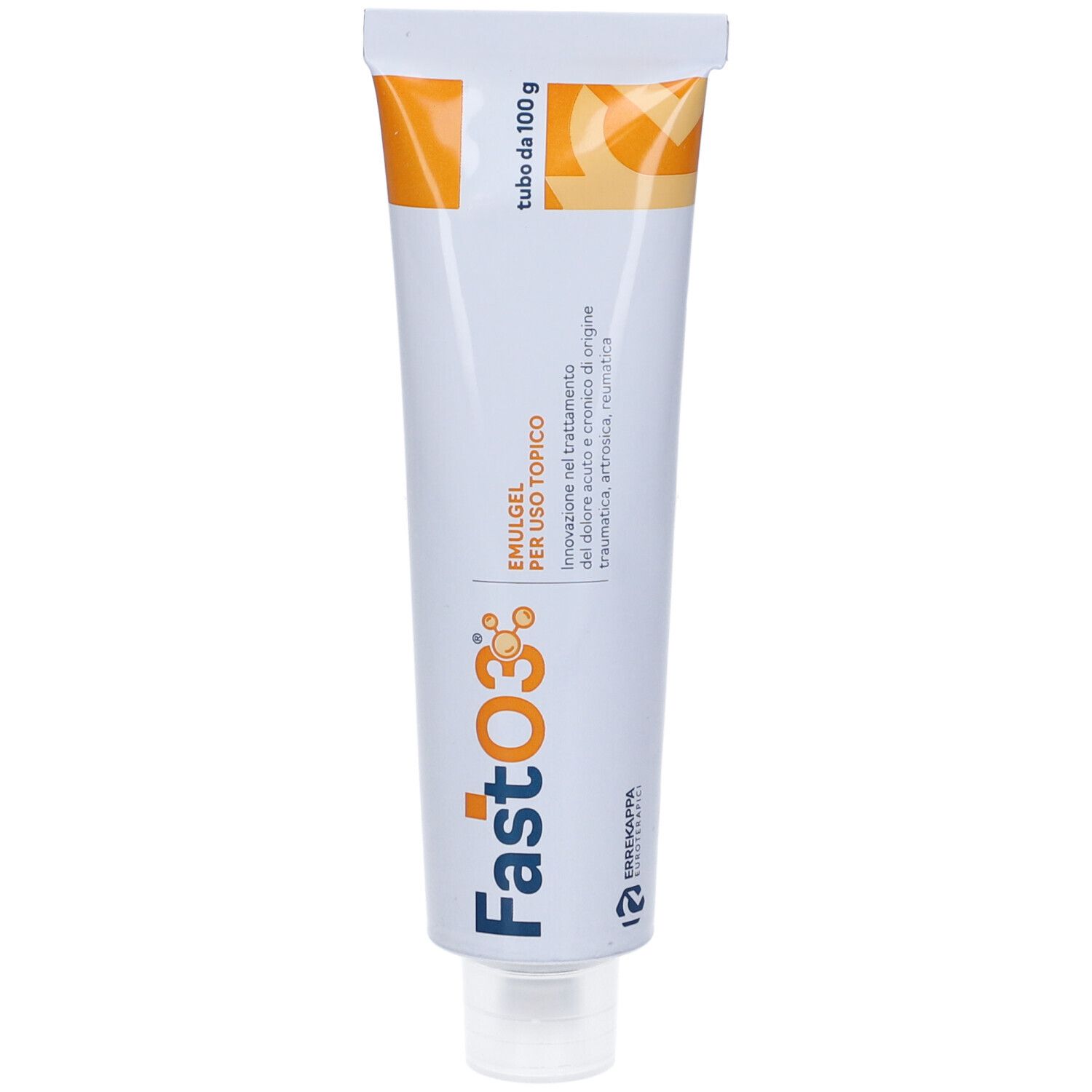 Tubo bianco-arancio FastO3 Emulgel. Testo: Emulgel per uso topico. Contenuto: 100 g.