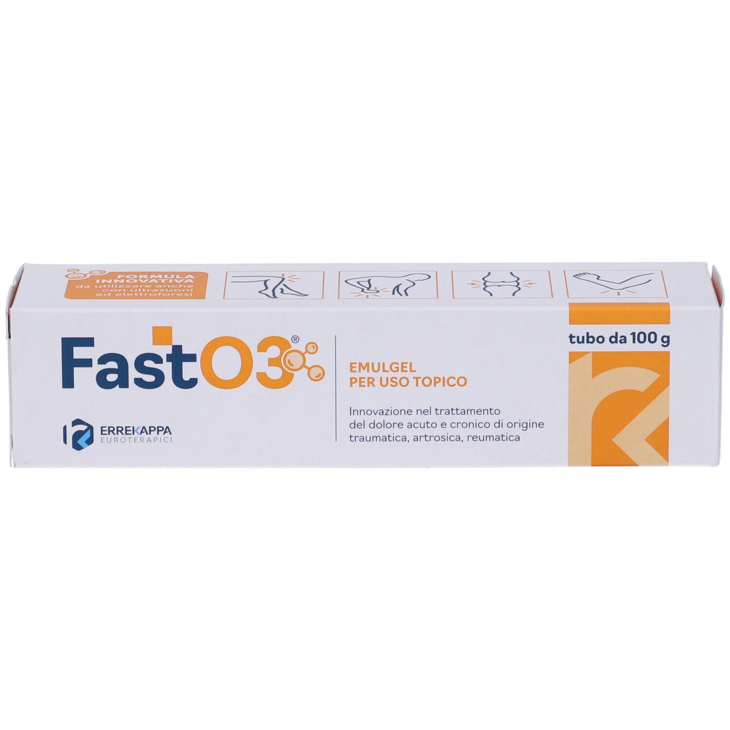 Confezione del prodotto. Bianco con accenti arancioni. Testo: FastO3 Emulgel, Emulgel per uso topico, 100 g.