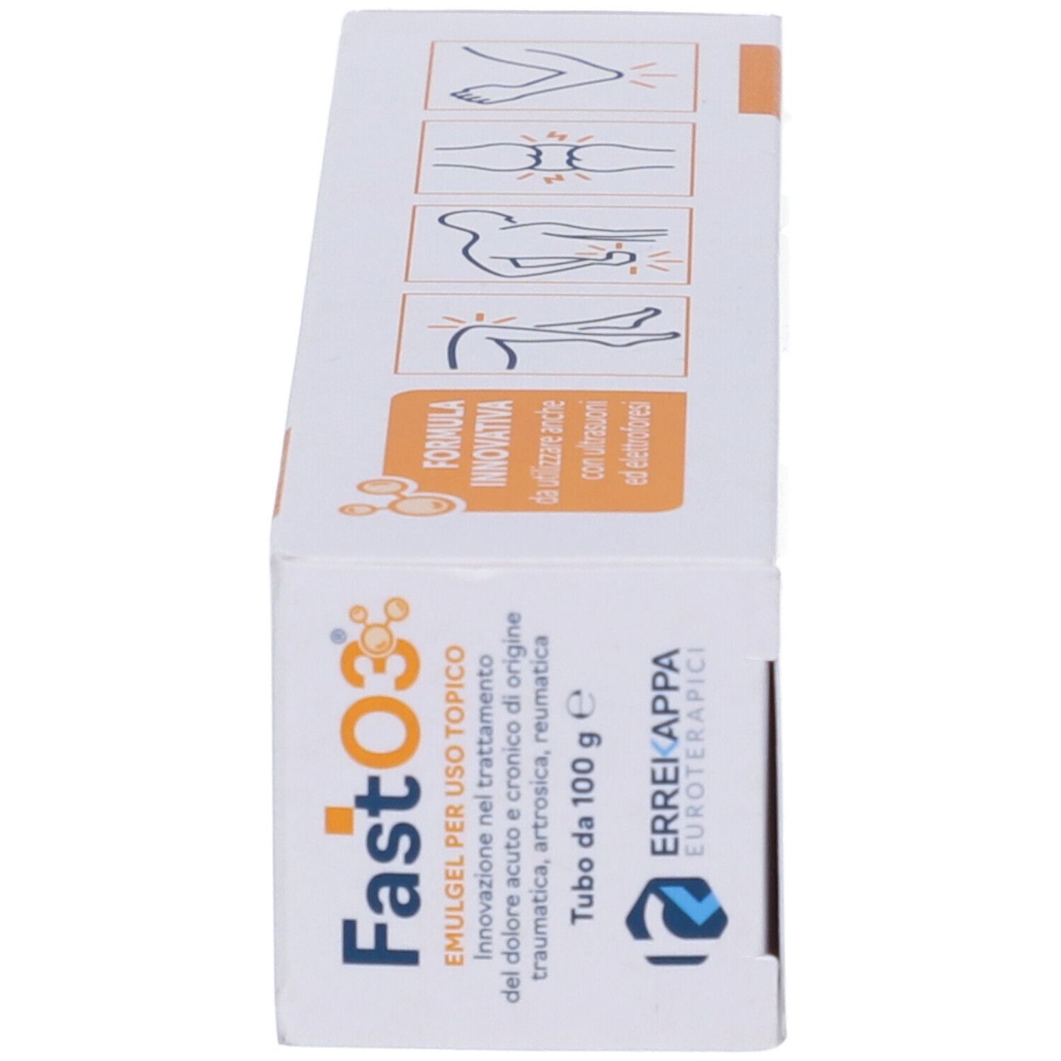 Confezione del prodotto. Bianco con accenti arancioni. Testo: FastO3 Emulgel, Emulgel per uso topico, 100 g.