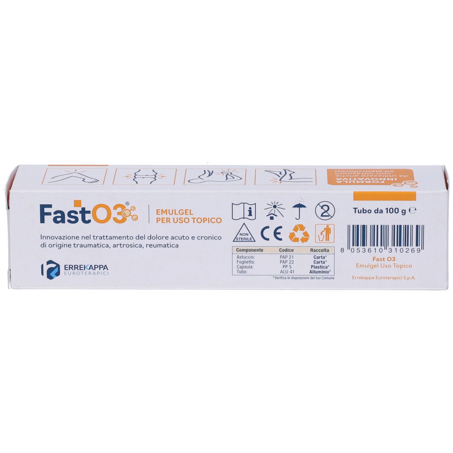 Confezione del prodotto. Testo: FastO3 Emulgel, Emulgel per uso topico, 100 g, marchio CE, numero di lotto.