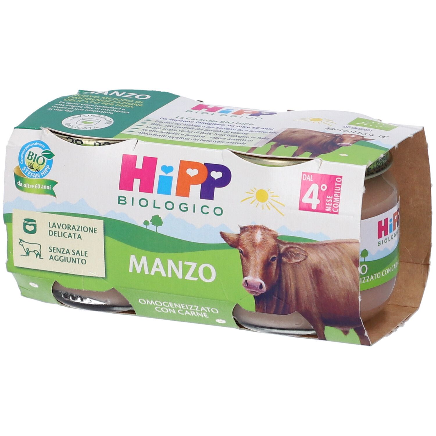 Confezione da due vasetti Hipp Bio Omogeneizzato Manzo. Aperta, un vasetto visibile. Scritta: Manzo, biologico.