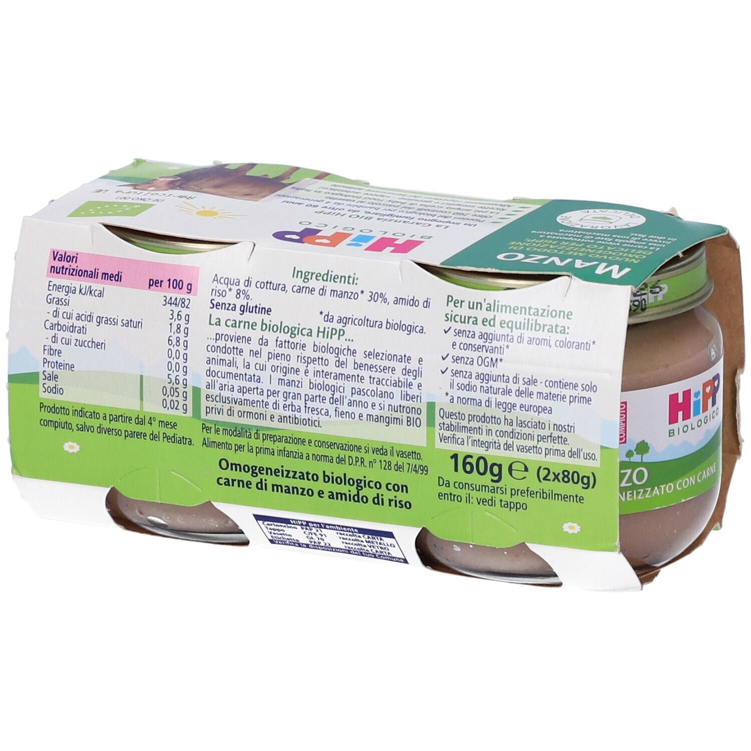 Confezione da due vasetti Hipp Bio Omogeneizzato Manzo. Retro con valori nutrizionali e lista ingredienti.