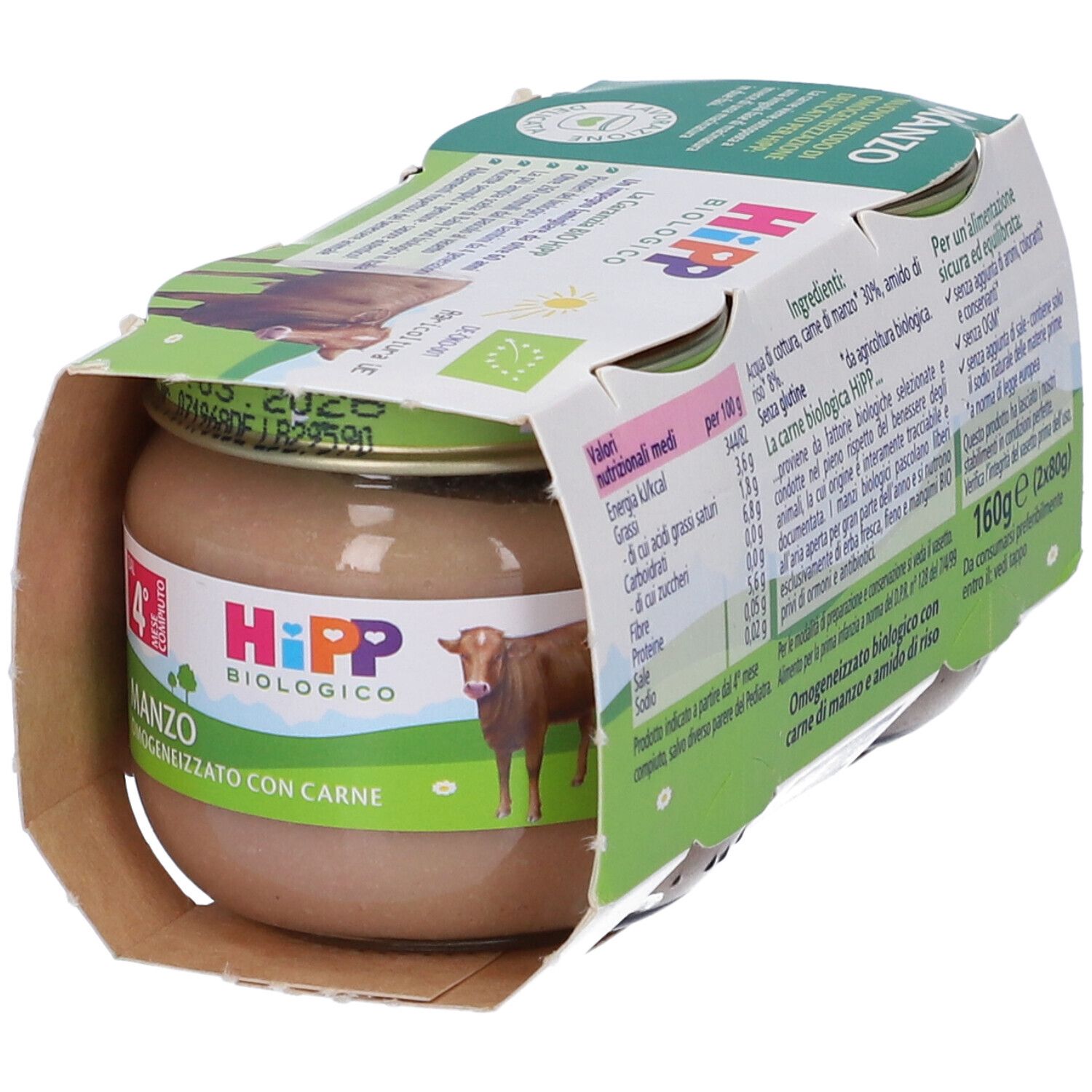 Un vasetto Hipp Bio Omogeneizzato Manzo in confezione aperta. Retro con valori nutrizionali e lista ingredienti.