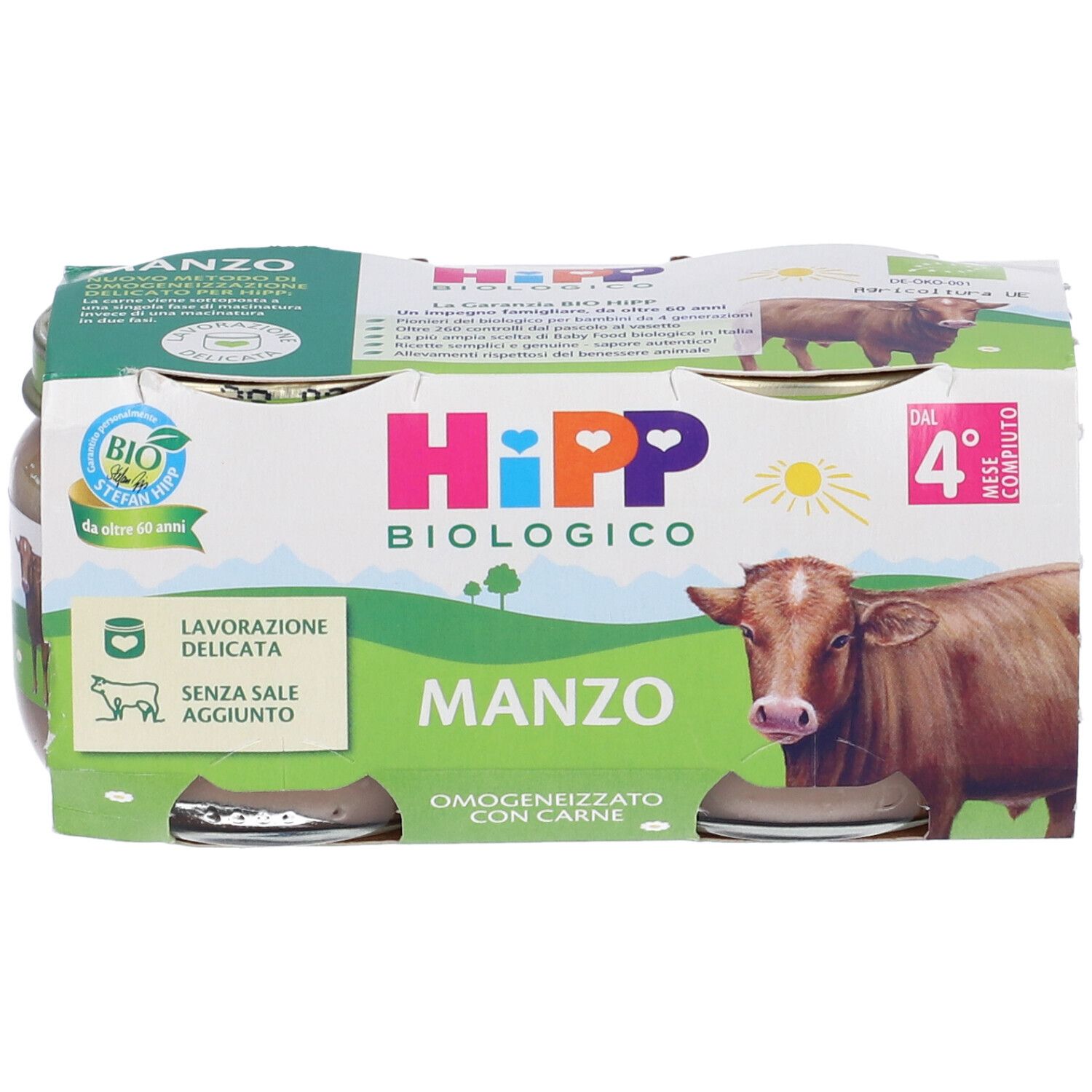 Confezione da due vasetti Hipp Bio Omogeneizzato Manzo. Scritta: Manzo, biologico, dal 4° mese.