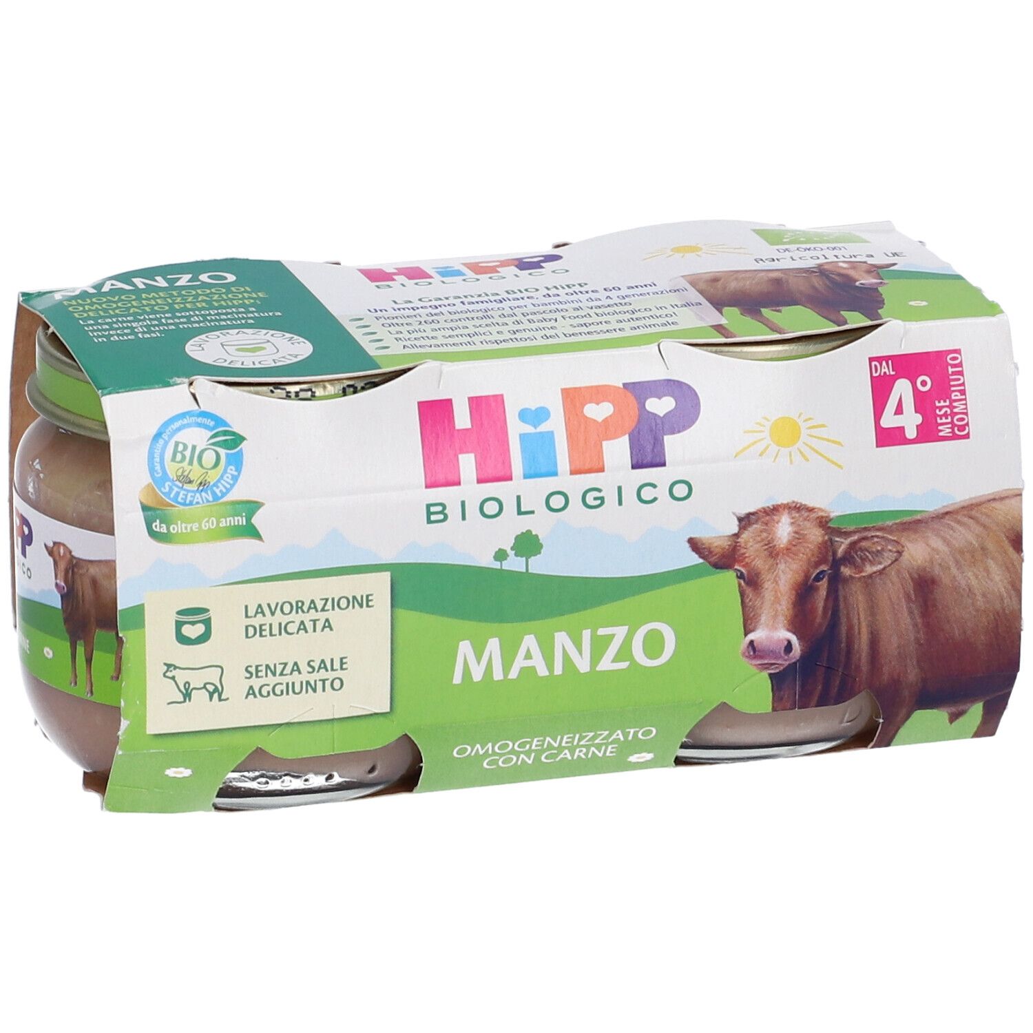 Confezione da due vasetti Hipp Bio Omogeneizzato Manzo. Scritta: Manzo, biologico, dal 4° mese.