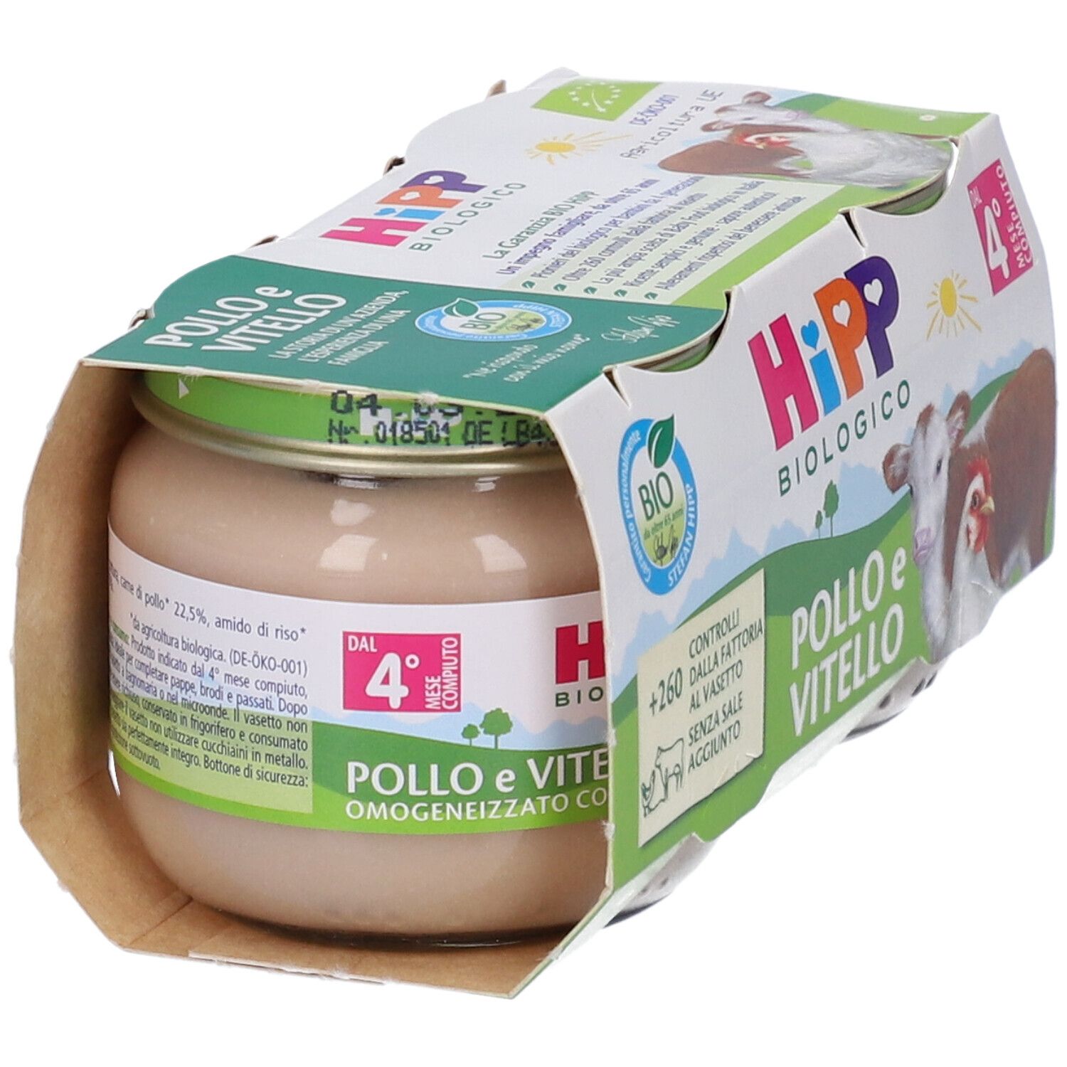 Vasetto HiPP Biologico Omogenizzato Pollo e Vitello. Contenuto visibile. Confezione da 4. Dal 4° mese. Bio.