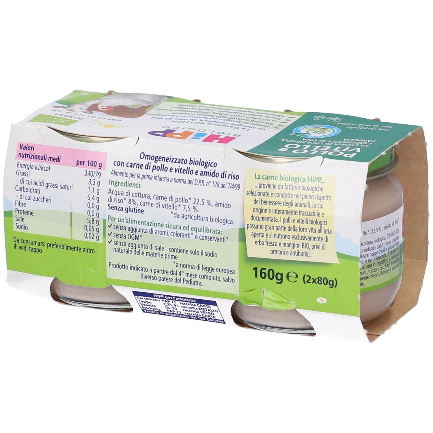 HiPP Biologico Omogenizzato Pollo e Vitello. Confezione da 4 vasetti. Informazioni nutrizionali. Certificazione bio.