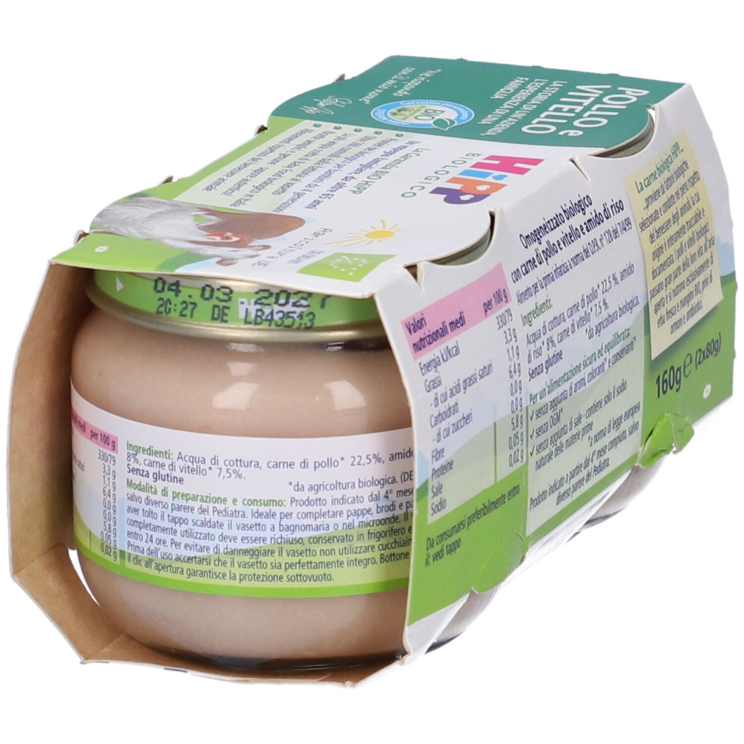 HiPP Biologico Omogenizzato Pollo e Vitello. Confezione da 4 vasetti. Informazioni nutrizionali. Scadenza.