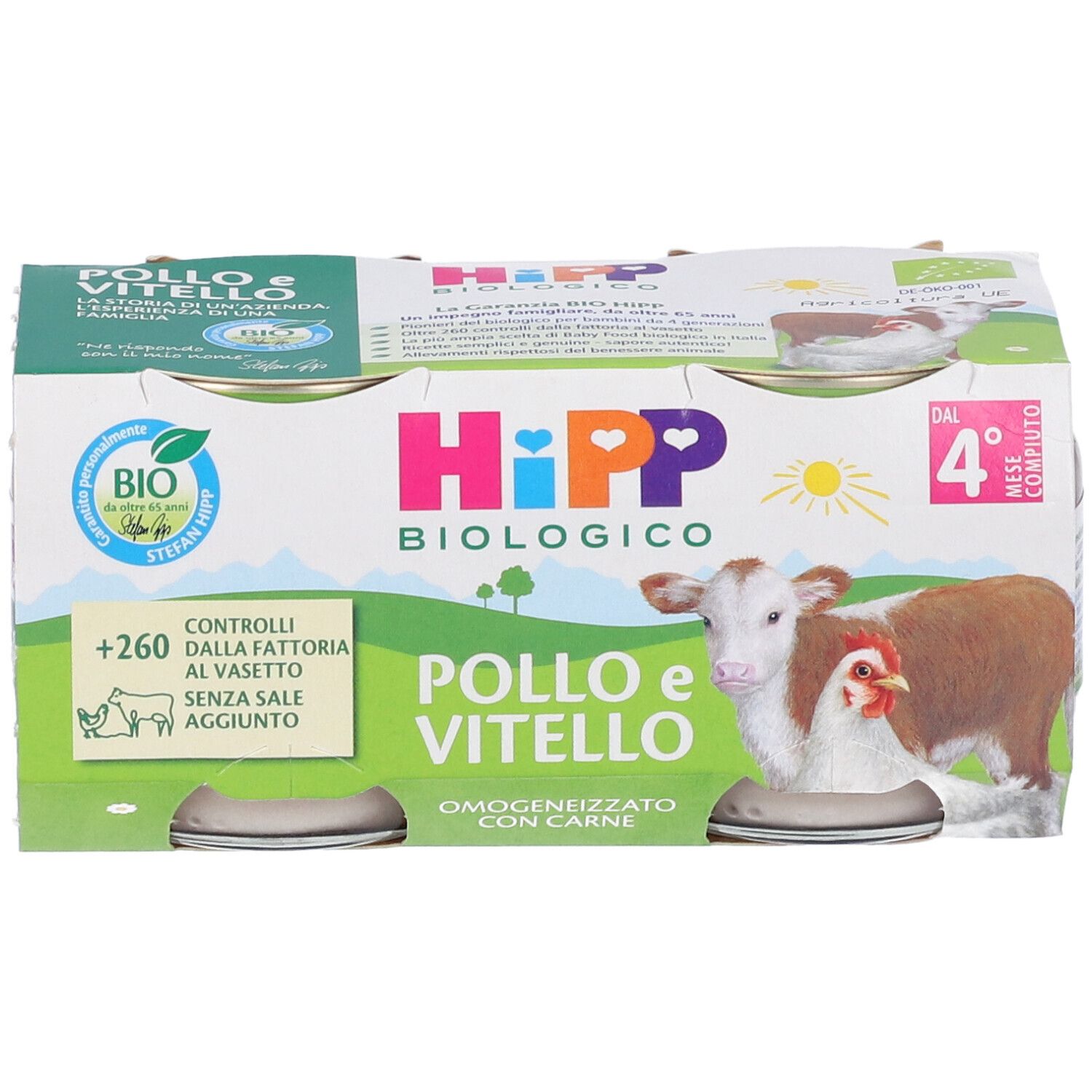 Confezione da 4 vasetti HiPP Biologico Omogenizzato Pollo e Vitello. Certificazione bio. Per bambini dal 4° mese.