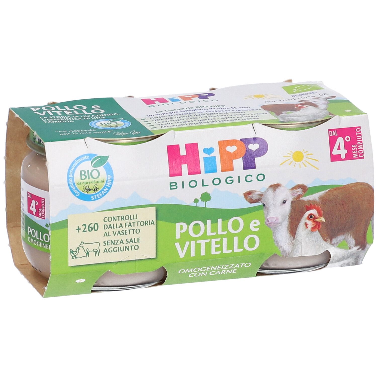 Confezione da 4 vasetti HiPP Biologico Omogenizzato Pollo e Vitello. Certificazione bio. Per bambini dal 4° mese.