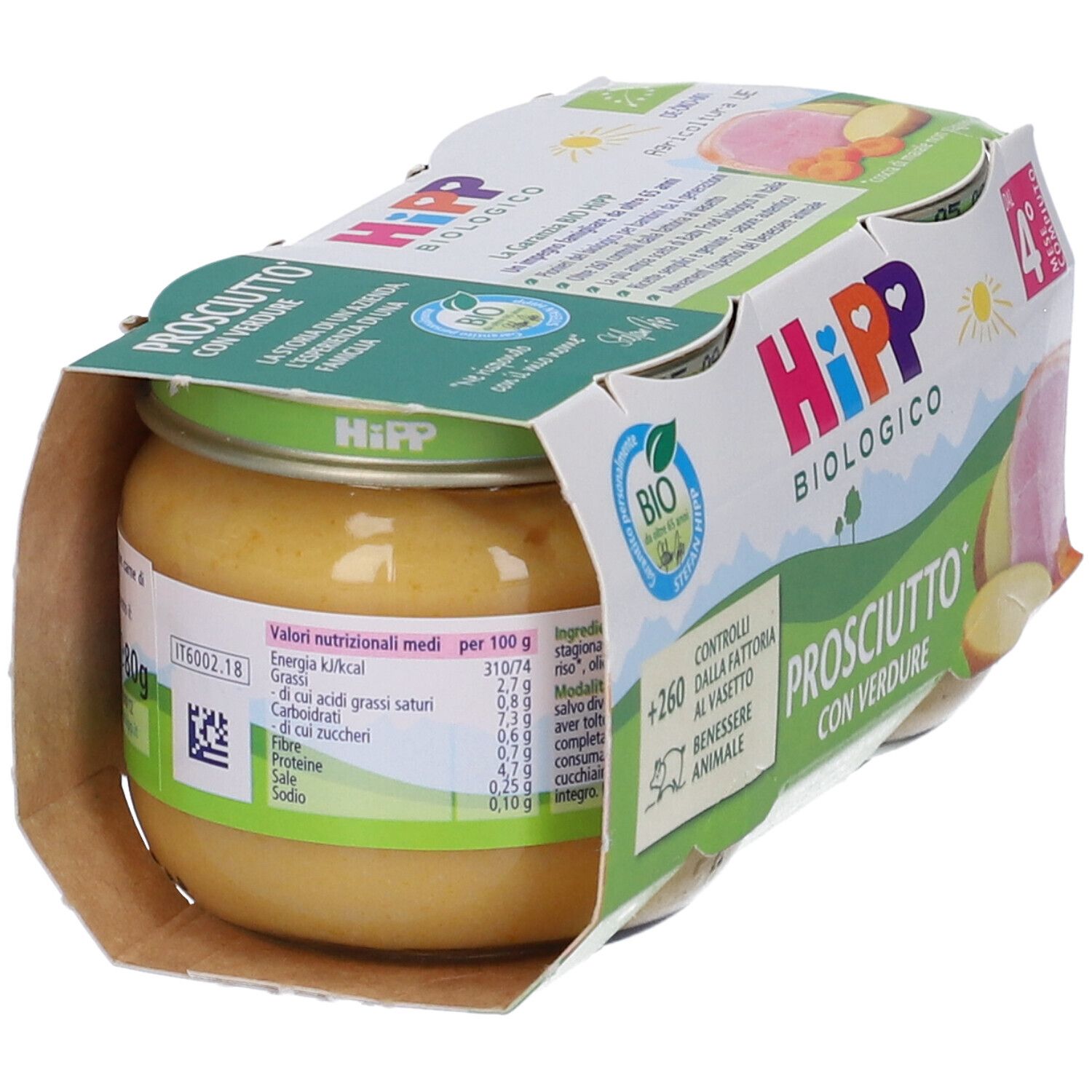 HiPP Biologico, Prosciutto con Verdure, vasetto aperto. Certificazione bio. Indicato dal 4° mese. Contiene prosciutto.