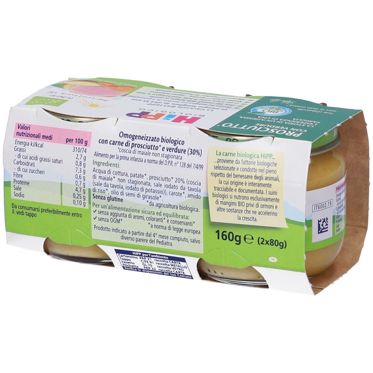 HiPP Biologico, Prosciutto con Verdure, retro confezione. Informazioni nutrizionali. 2x80g. Dal 4° mese.