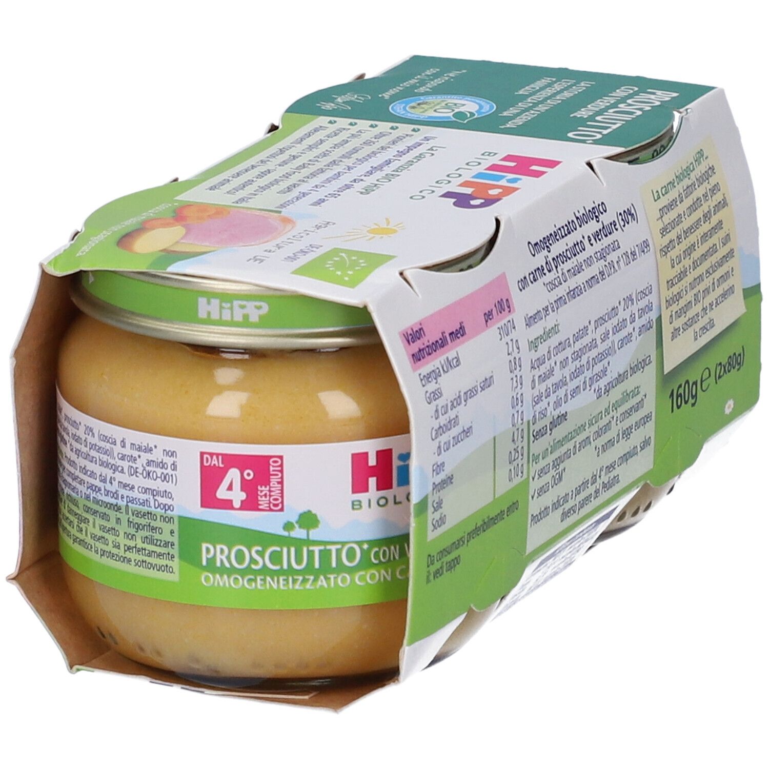HiPP Biologico, Prosciutto con Verdure, vasetto aperto. Informazioni nutrizionali. Dal 4° mese. Certificazione bio.