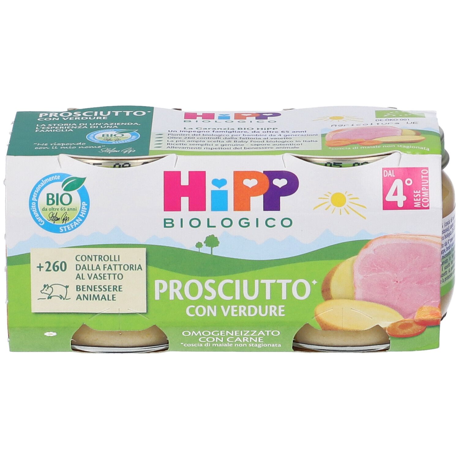 HiPP Biologico, Prosciutto con Verdure, 4 vasetti. Certificazione bio. Illustrazione di verdure. Dal 4° mese.