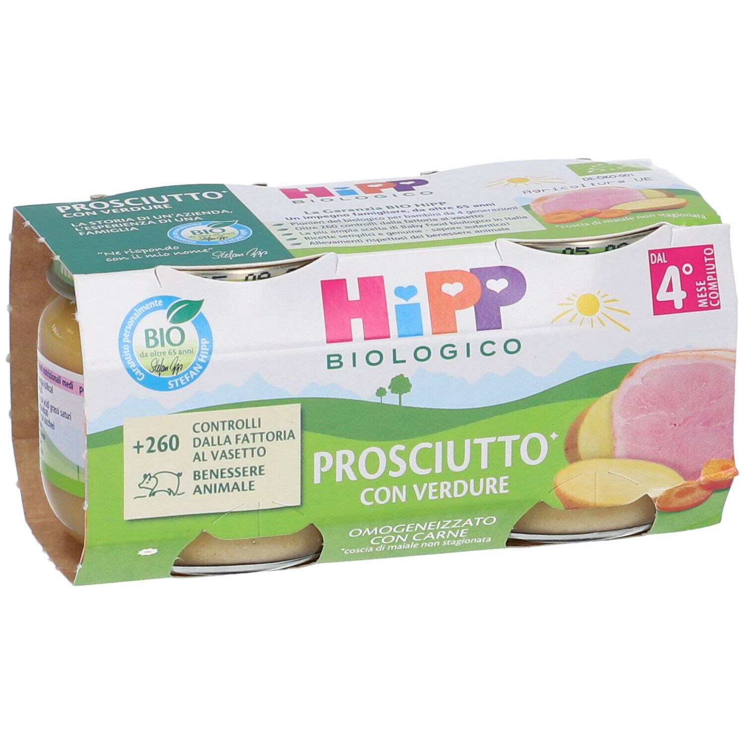 HiPP Biologico, Prosciutto con Verdure, 4 vasetti. Certificazione bio. Illustrazione di verdure. Dal 4° mese.