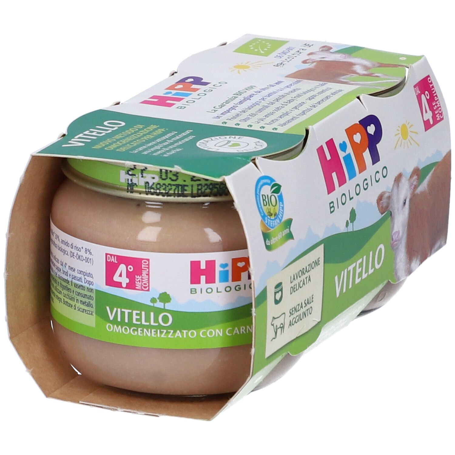 Vasetto di omogeneizzato di carne per bambini nella confezione. Marchio Hipp, certificazione bio. Scritta: Vitello, Omogeneizzato con carne.
