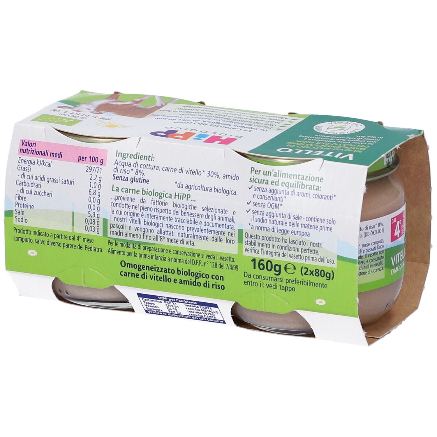 Retro della confezione con informazioni nutrizionali e ingredienti. Marchio Hipp, certificazione bio. Scritta: Vitello, Omogeneizzato con carne.