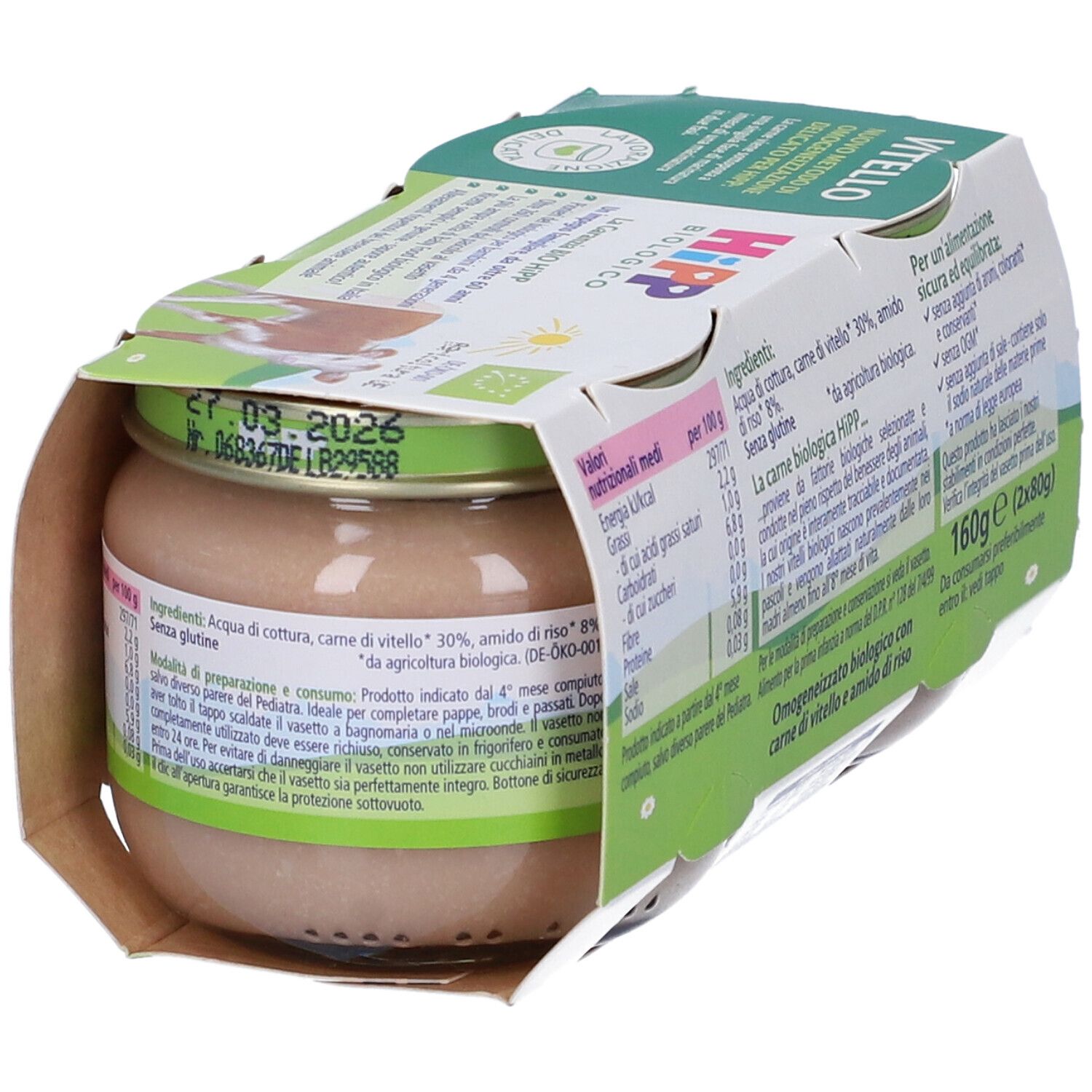 Vasetto di omogeneizzato di carne per bambini con informazioni sugli ingredienti. Marchio Hipp, certificazione bio. Scritta: Vitello, Omogeneizzato con carne.