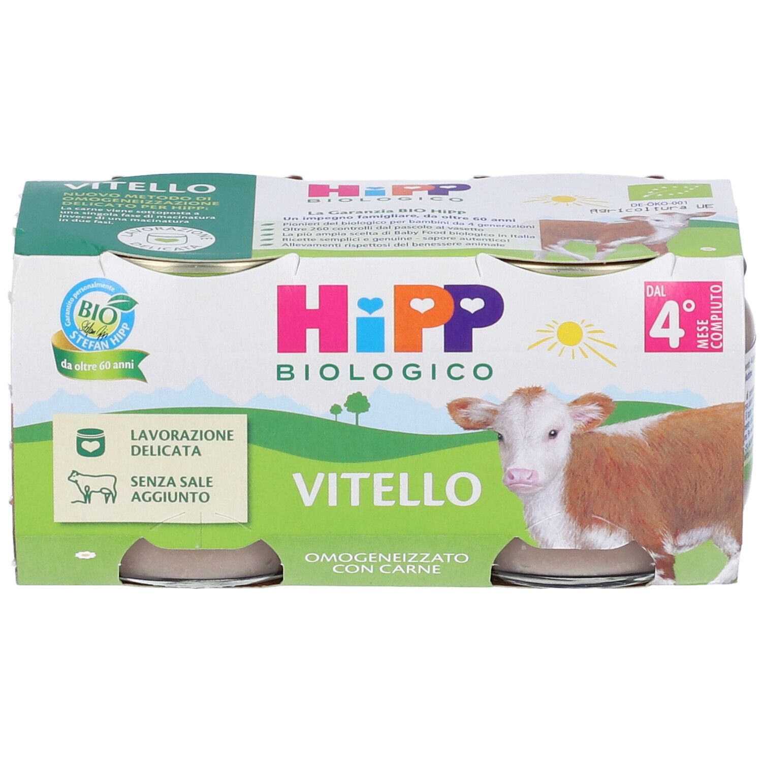 Confezione di vasetti di omogeneizzato di carne per bambini. Marchio Hipp, certificazione bio. Scritta: Vitello, Omogeneizzato con carne.