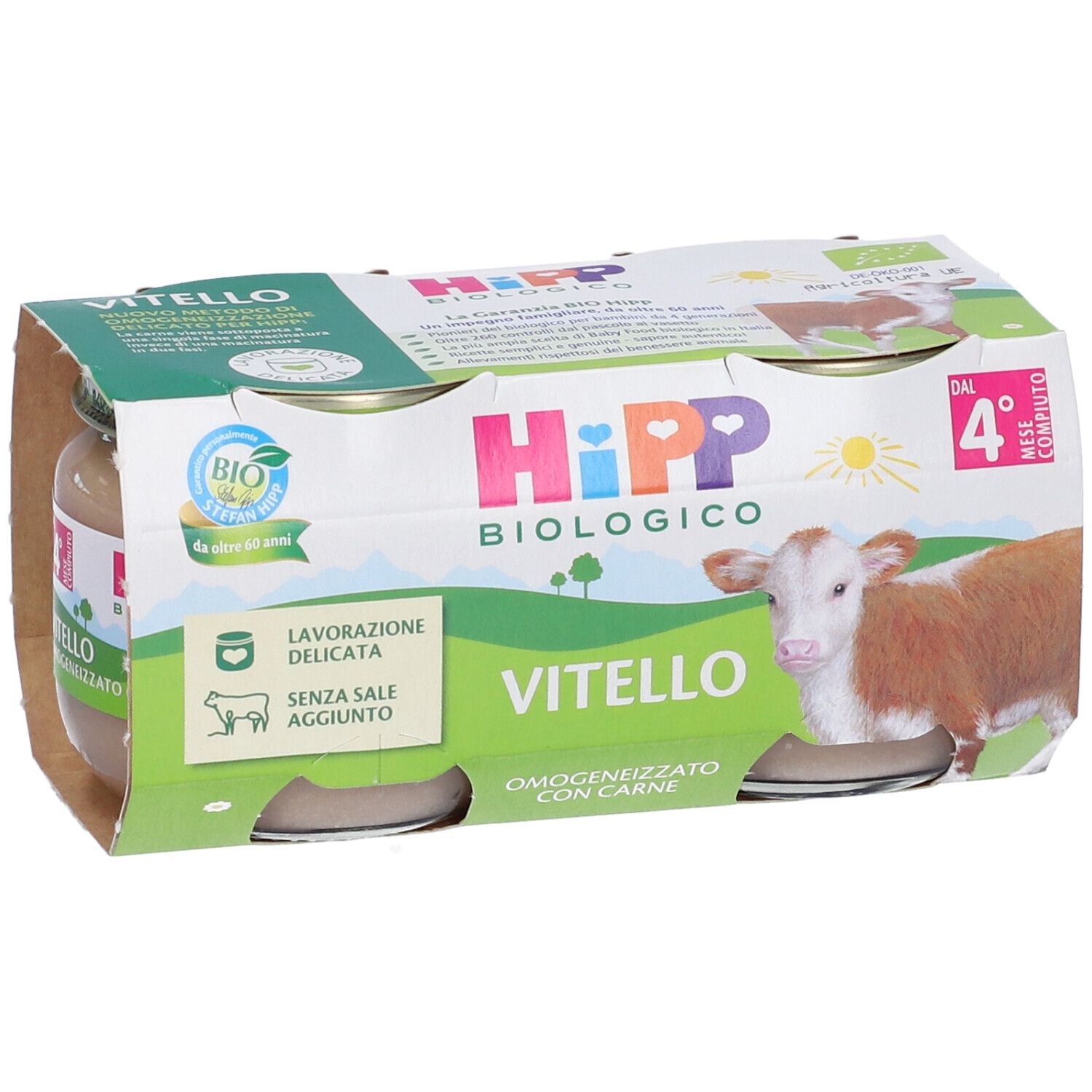 Confezione di vasetti di omogeneizzato di carne per bambini. Marchio Hipp, certificazione bio. Scritta: Vitello, Omogeneizzato con carne.