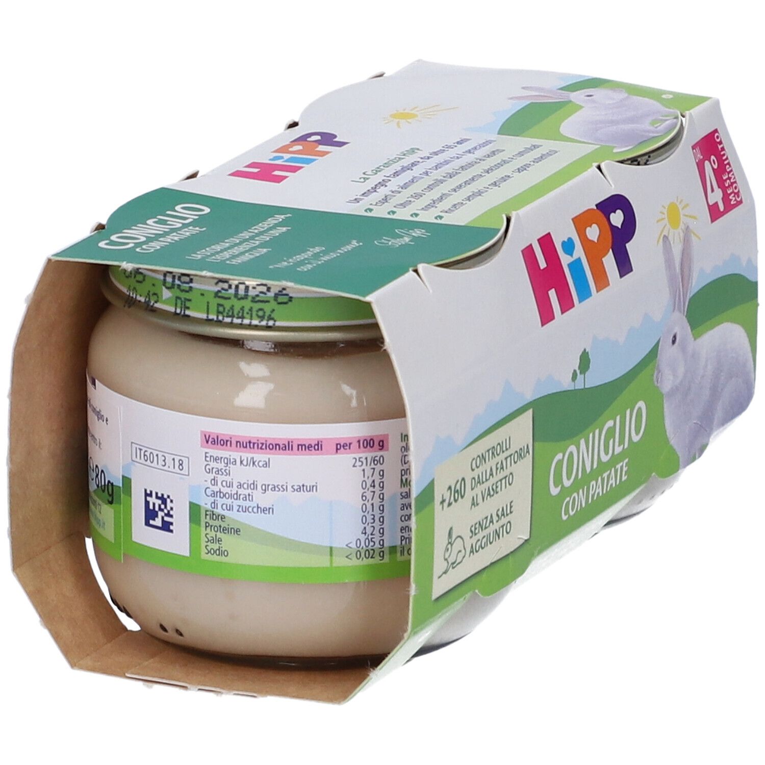 Vasetto Hipp Omogeneizzato Coniglio Con Patate in confezione. Etichetta con informazioni nutrizionali, coniglio.